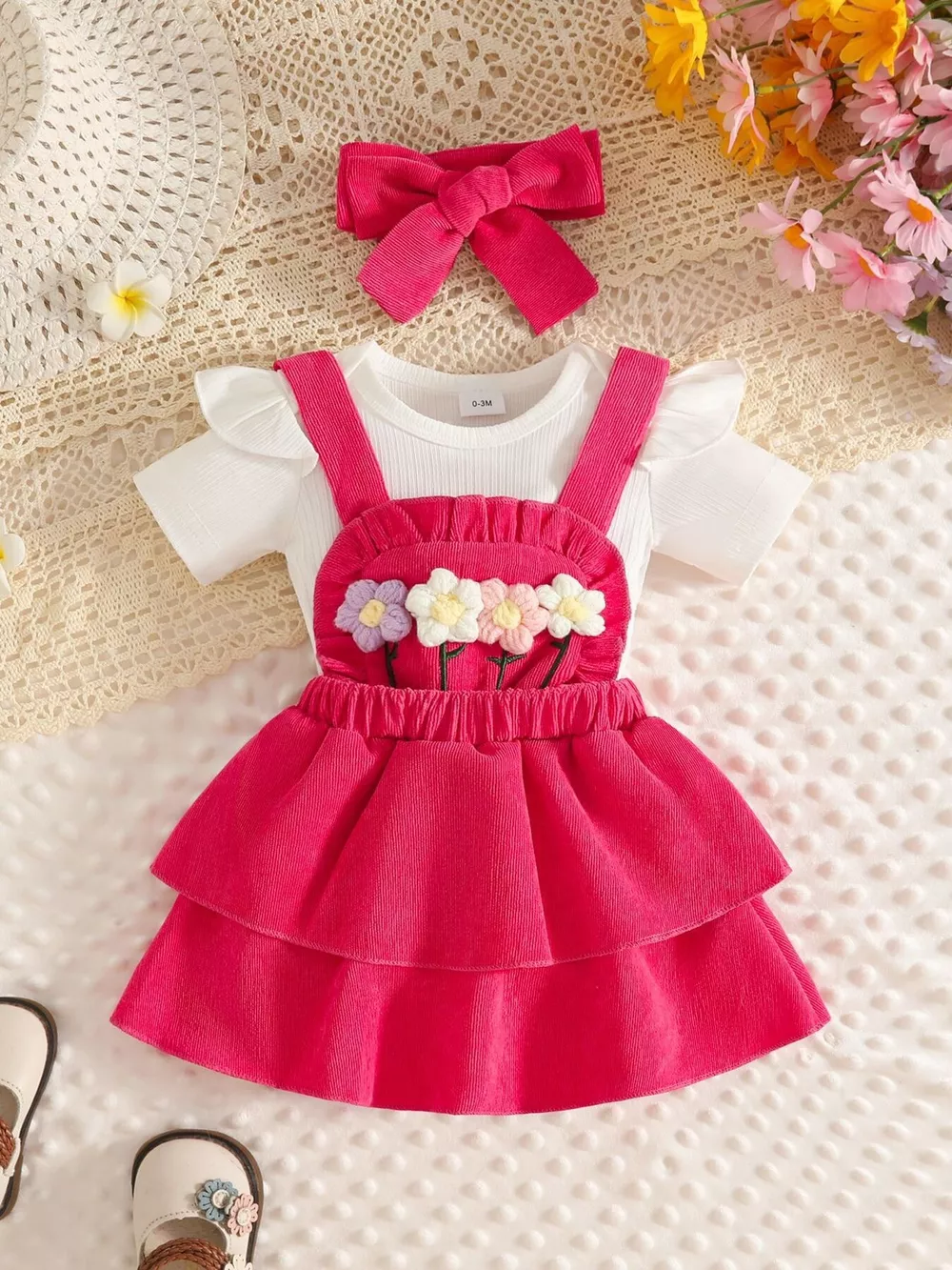 Children's Ribbed Top and Floral Overall Dress Set with Headband, image 5