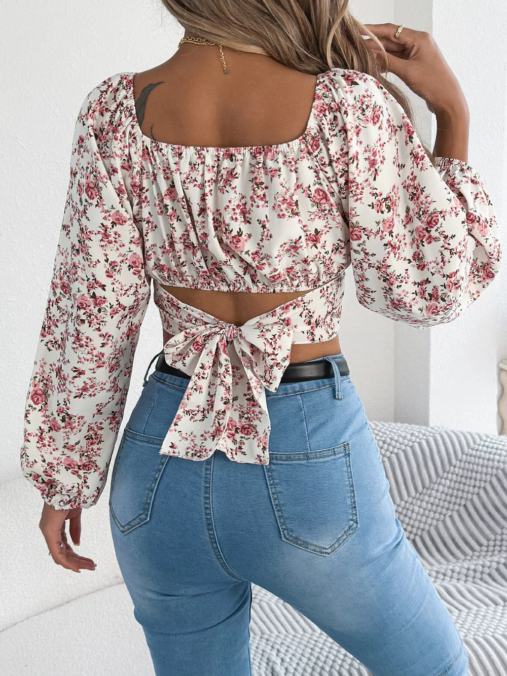 Floral Balloon Sleeve Square Neck Crop Blouse, image 3