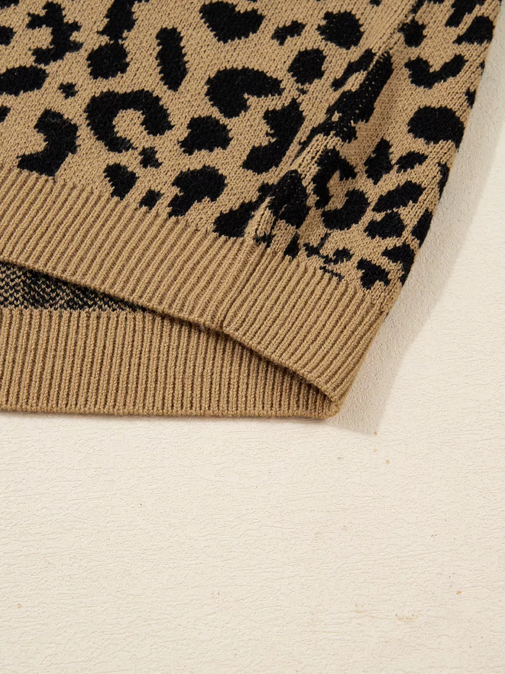 Ribbed Trim Round Neck Leopard Drop Shoulder Sweater, image 7
