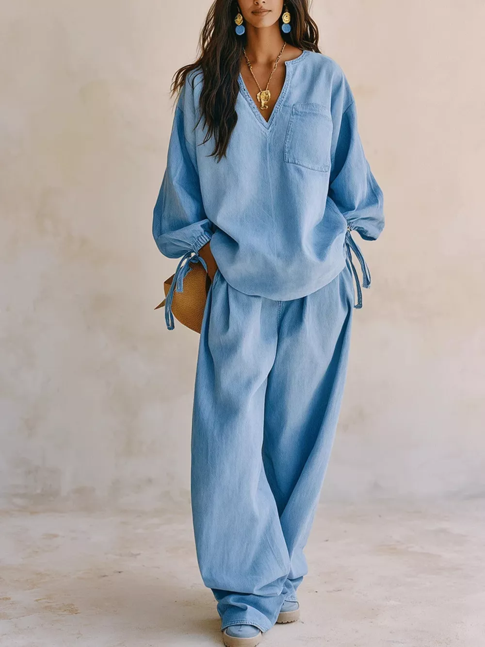 Relaxed Fit Drawstring Sleeve Detail Top and Pants Denim Set, image 2