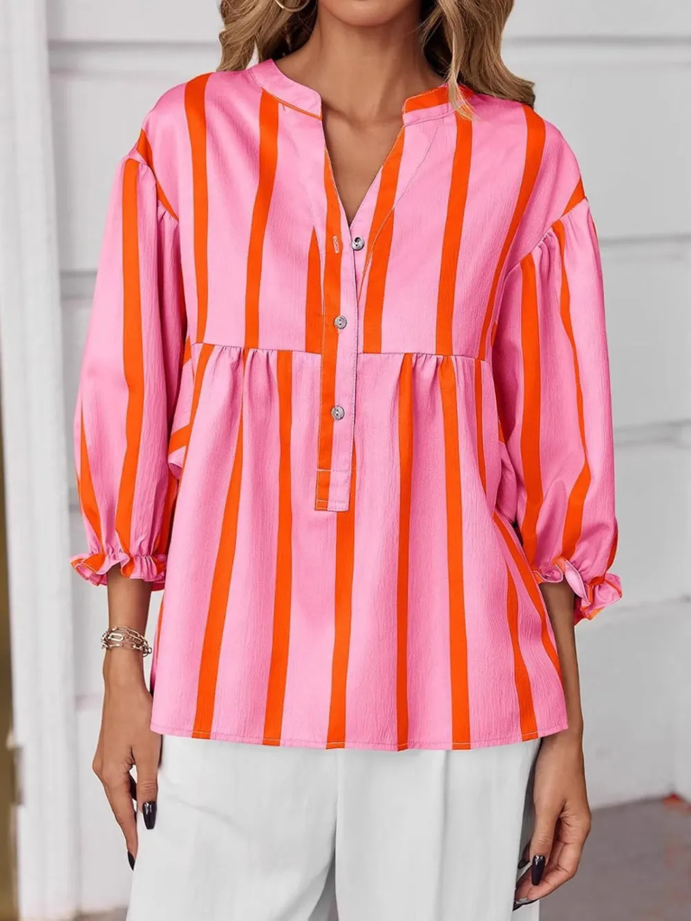 Striped Button Front Notched Blouse, image 19