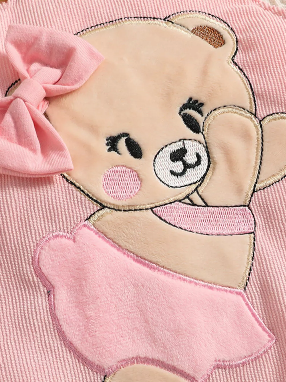 Children's 3-Piece Cute Bear Applique Overalls and Bodysuit Set with Headband, image 4