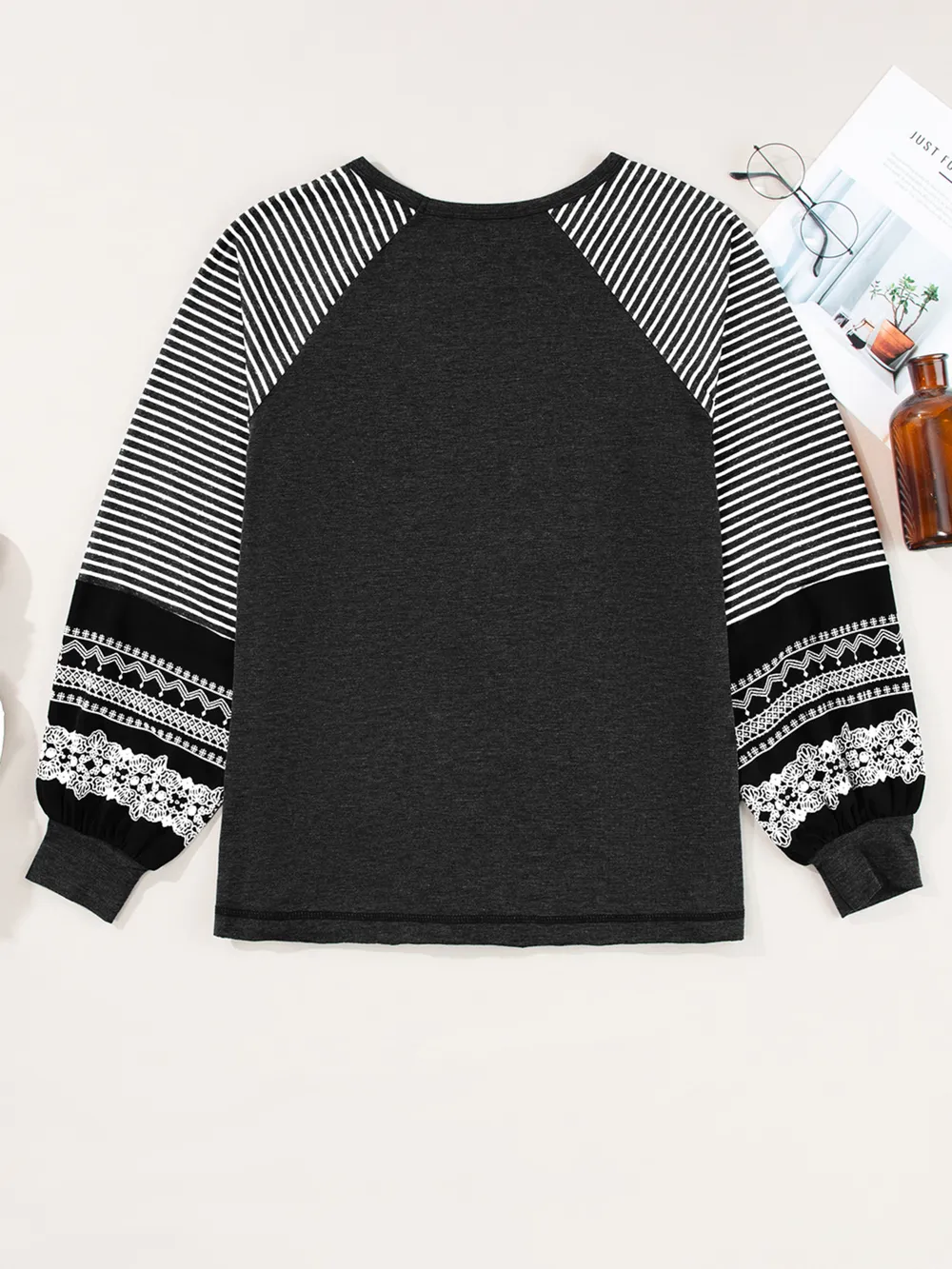 Contrast Print Striped Raglan Long Sleeve Loose Top, image 22