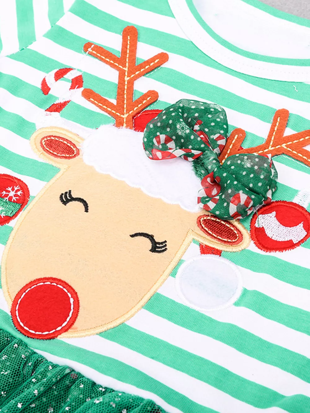 Children's Christmas Reindeer Applique Striped Long Sleeve Dress, image 4