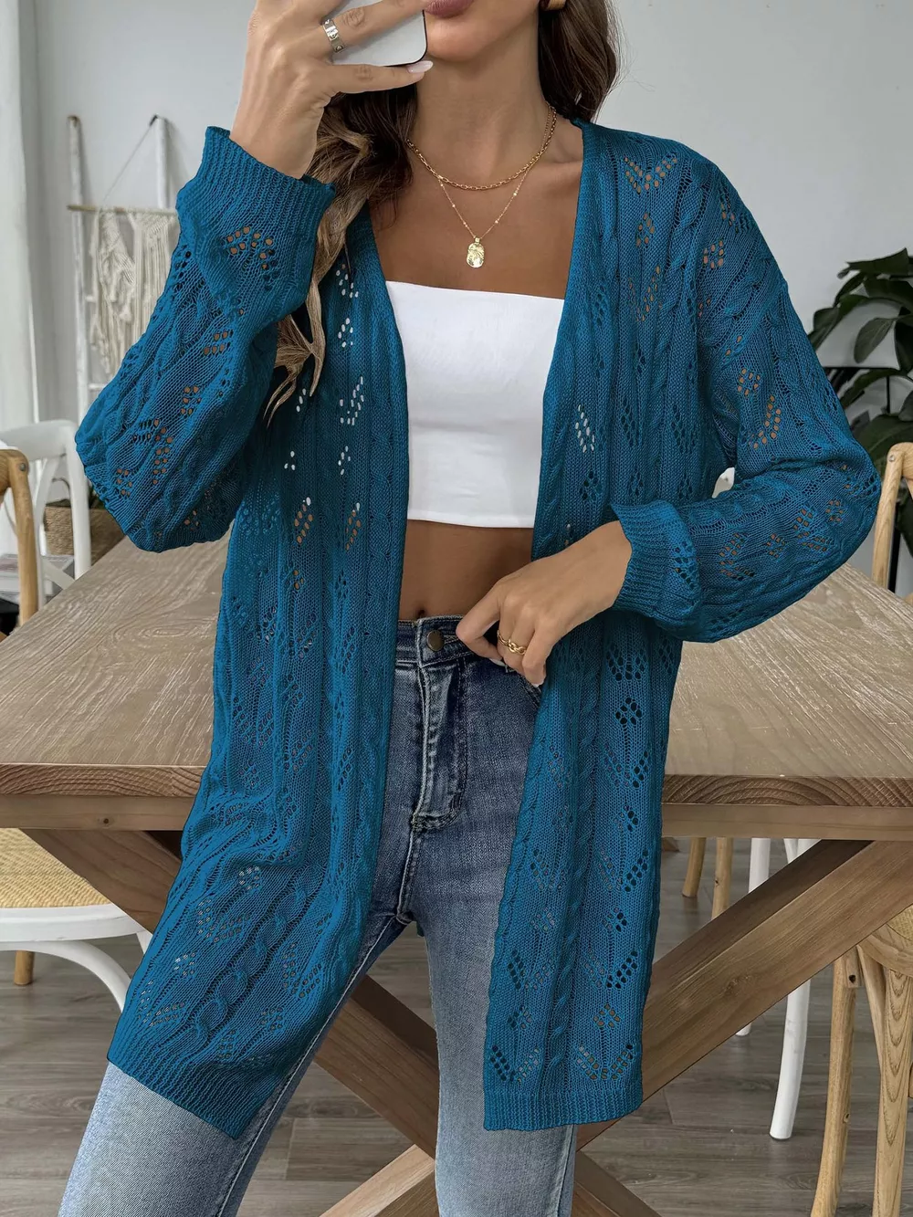 Openwork Open Front Knit Cardigan, image 13