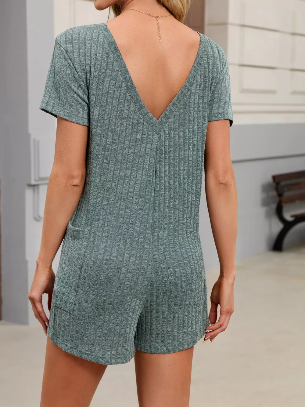 Casual Ribbed Knit V-Neck Romper, image 3