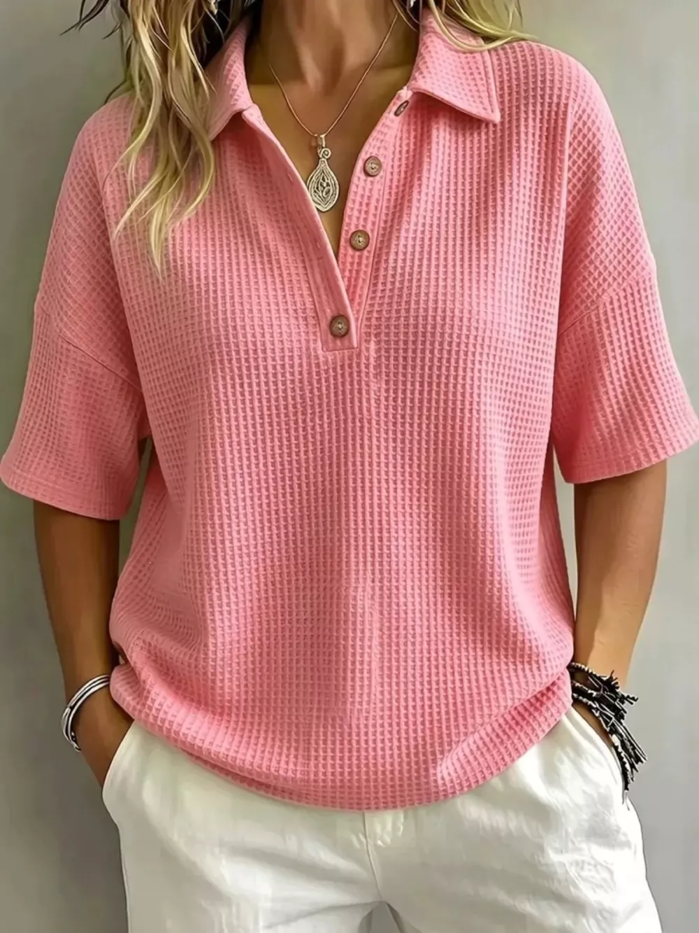 Full Size Waffle Knit Polo Top with Button Detail Plus Size, image 7