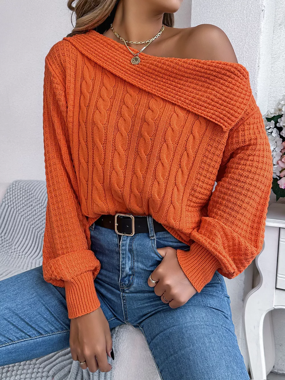 One Shoulder Cable Knit Sweater, image 12