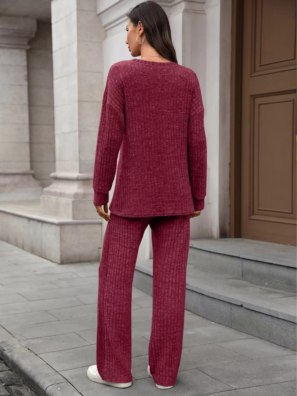 Ribbed Round Neck Top and Pants Set, image 21