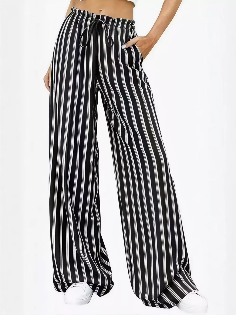 Striped Wide-Leg Drawstring Pants, image 3