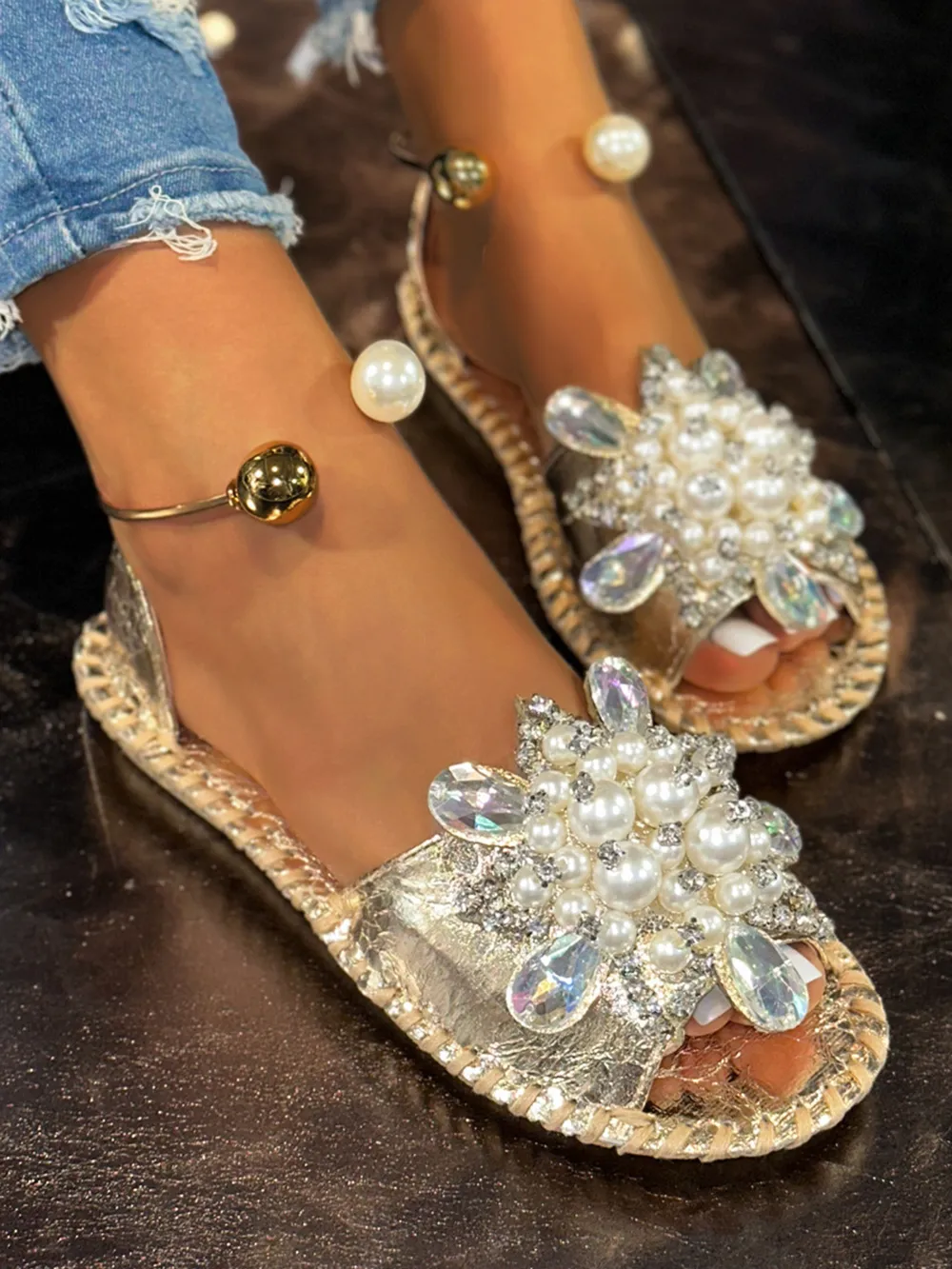 Pearl Embellished Flat Sandals, image 9