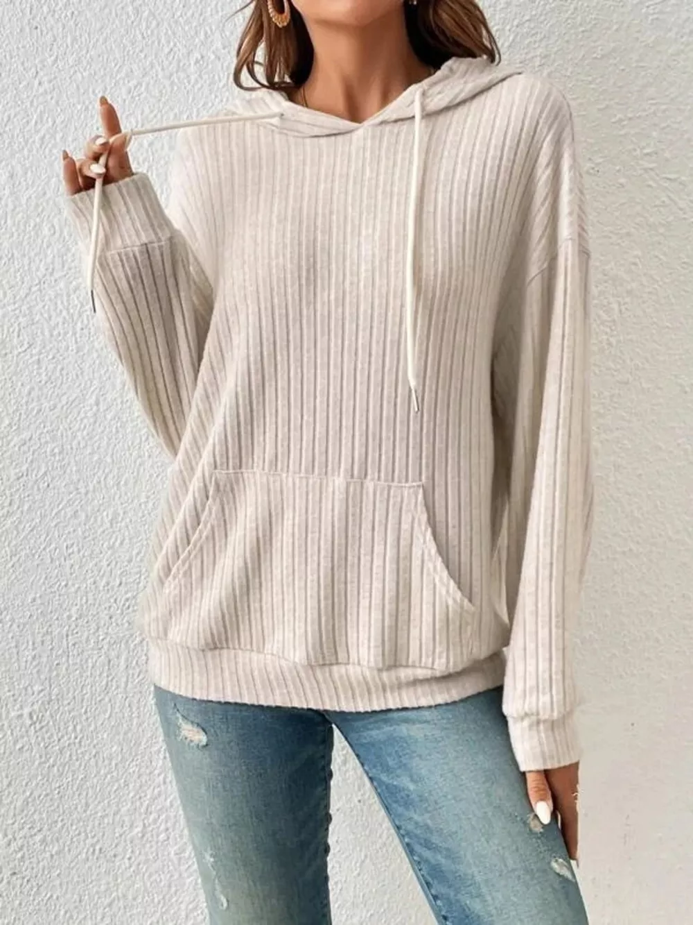 Casual Ribbed Knit Drawstring Hoodie