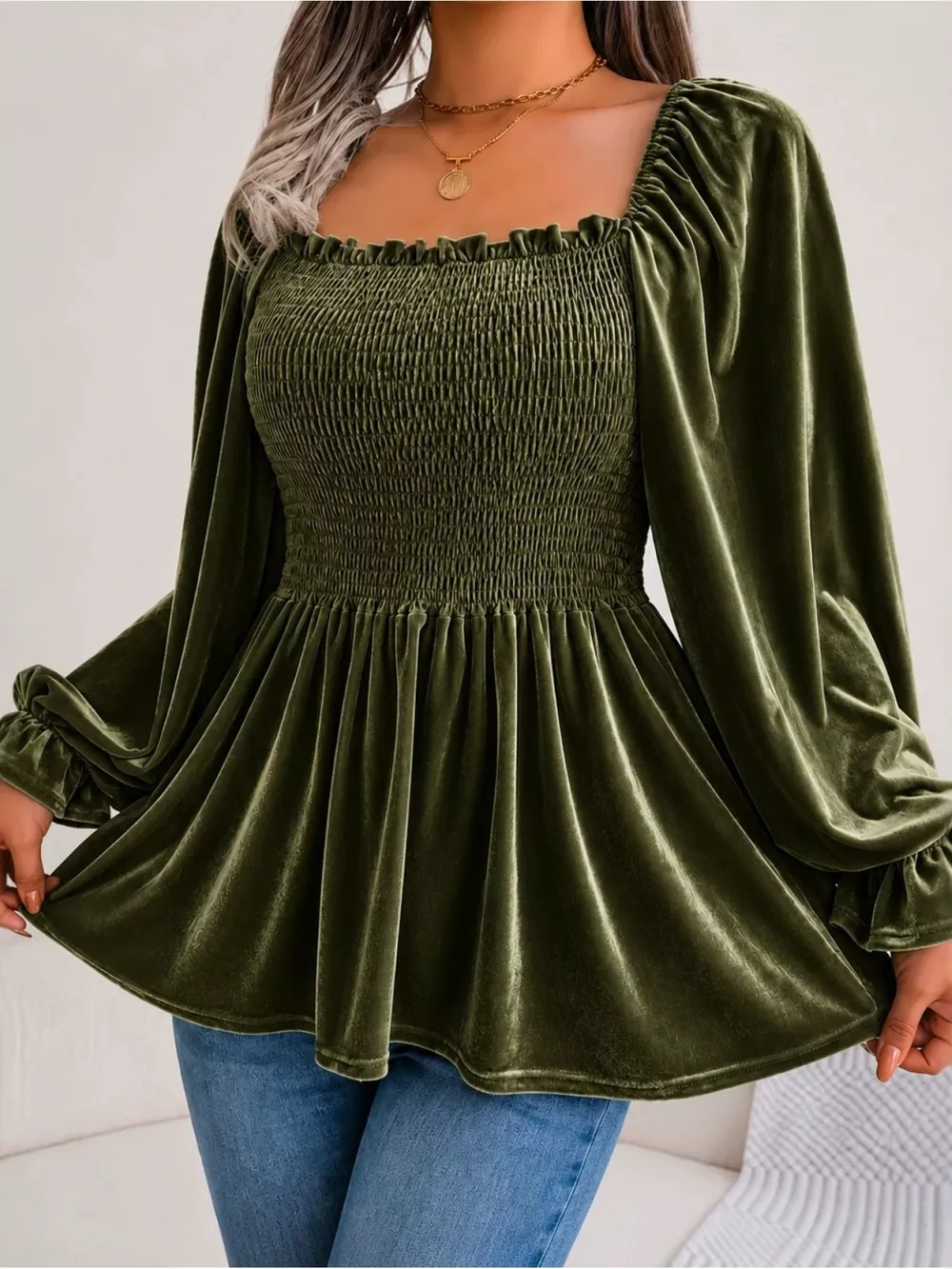 Velvet Smocked Peplum Blouse, image 2