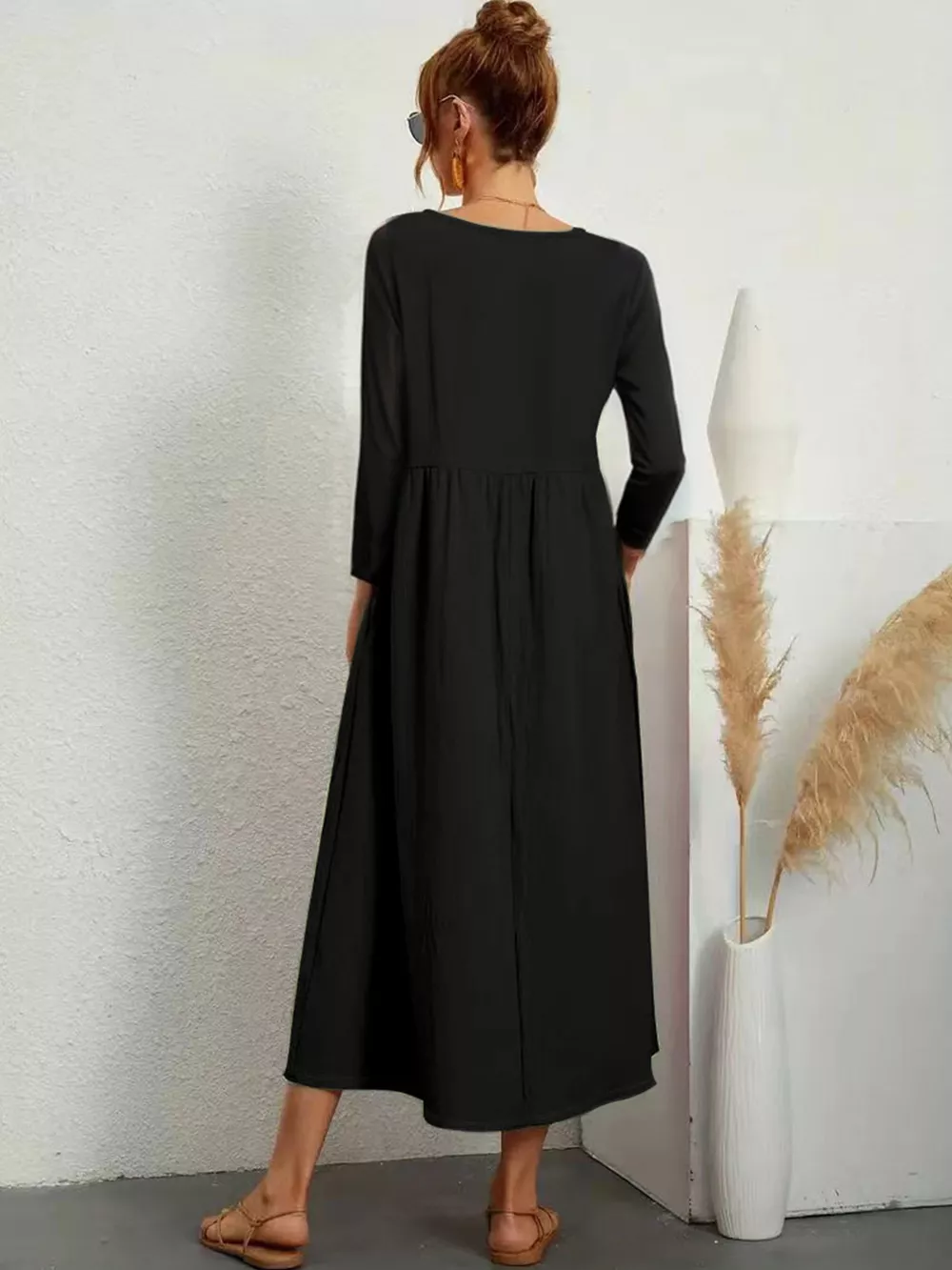 V-Neck Long Sleeve Pocketed Midi Dress, image 3