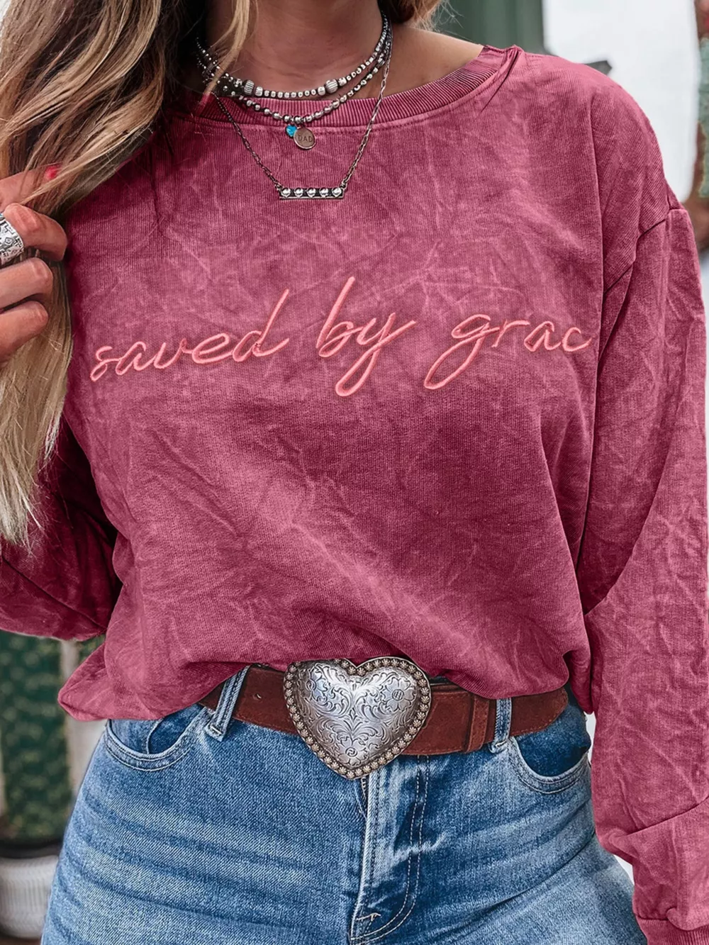 Saved By Grace Letter Embroidery Mineral Wash Loose Sweatshirt, image 3