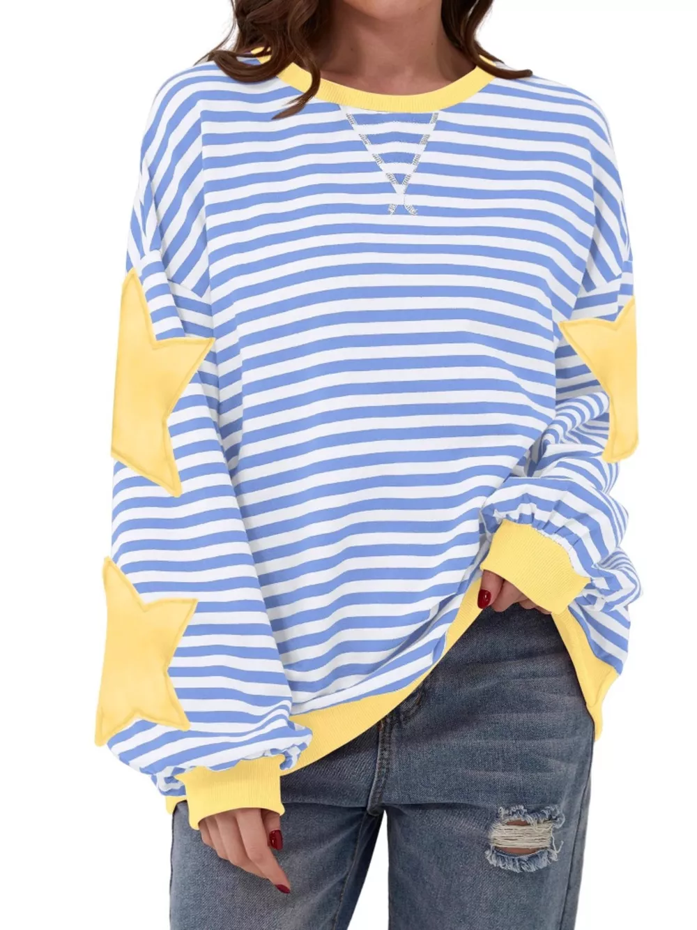 Full Size Star Patch Striped Oversized Sweatshirt Plus Size, image 7