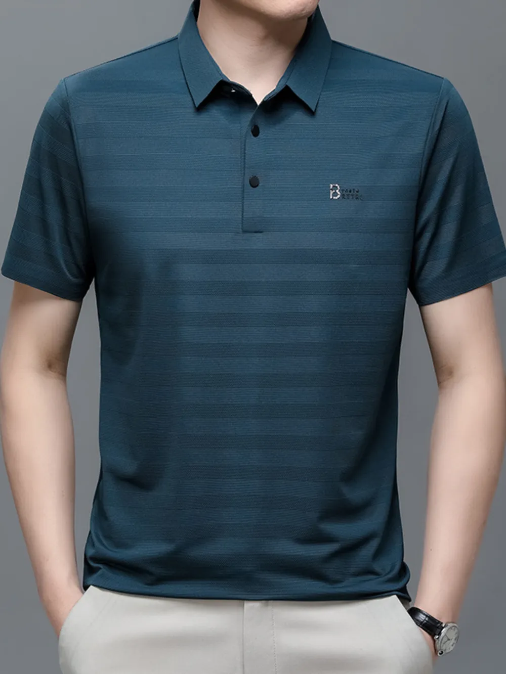 Men's Plus Size Striped Short Sleeve Polo, image 2