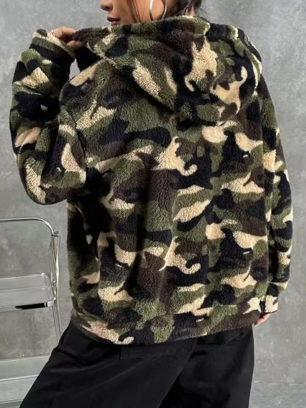 Camo Print Fuzzy Zip Up Outerwear, image 2