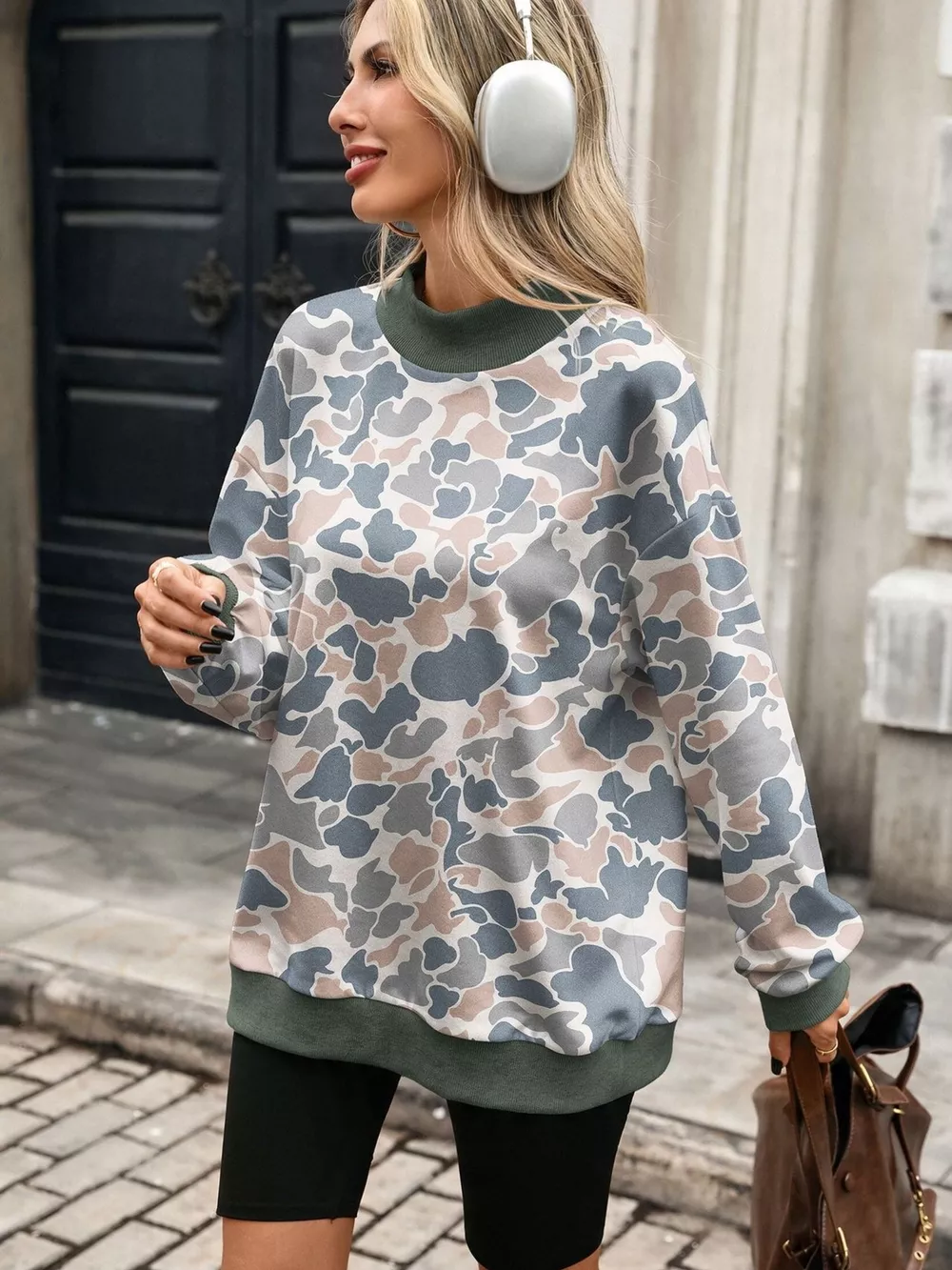 Camouflage Print Mock Neck Sweatshirt, image 3