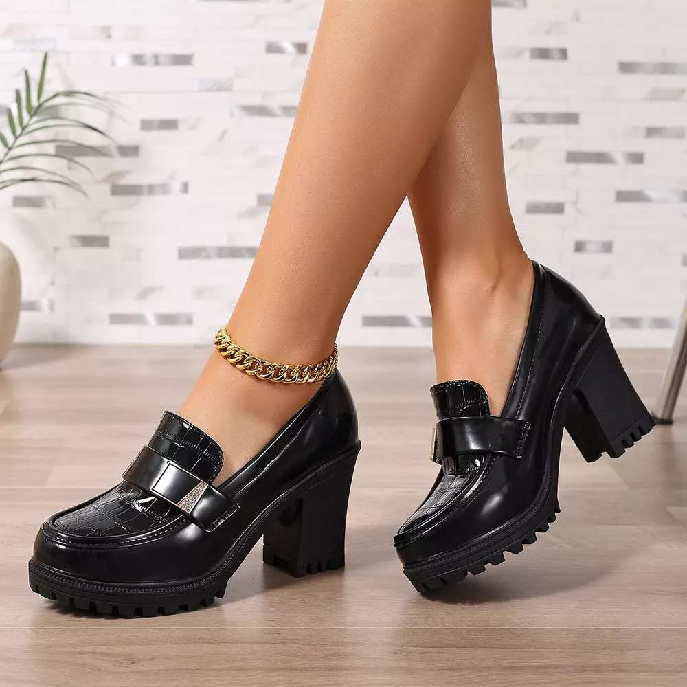 Chunky Heel Crocodile Pattern Patent Leather Loafers with Metal Buckle, image 3