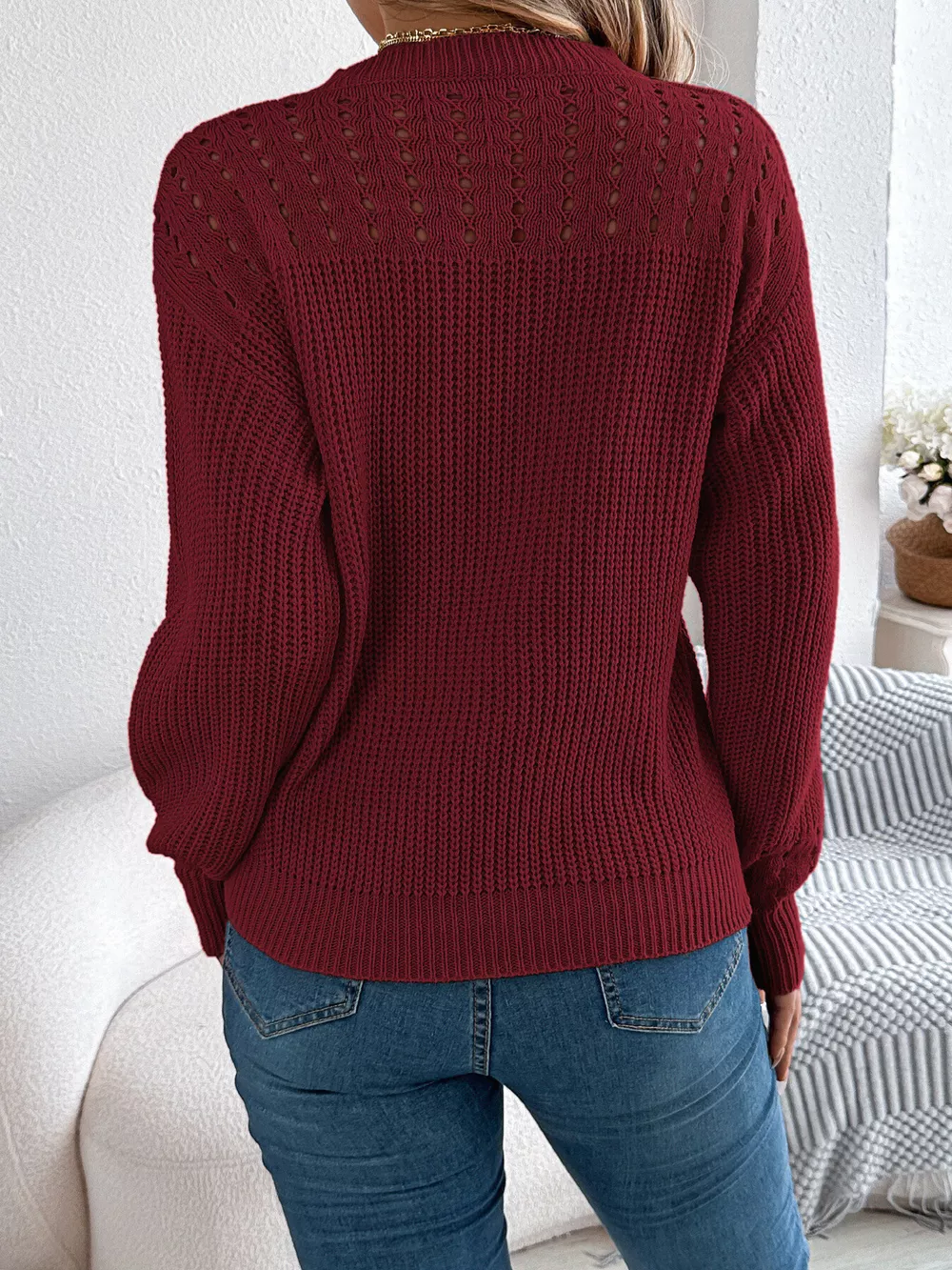 Openwork Round Neck Long Sleeve Sweater, image 3