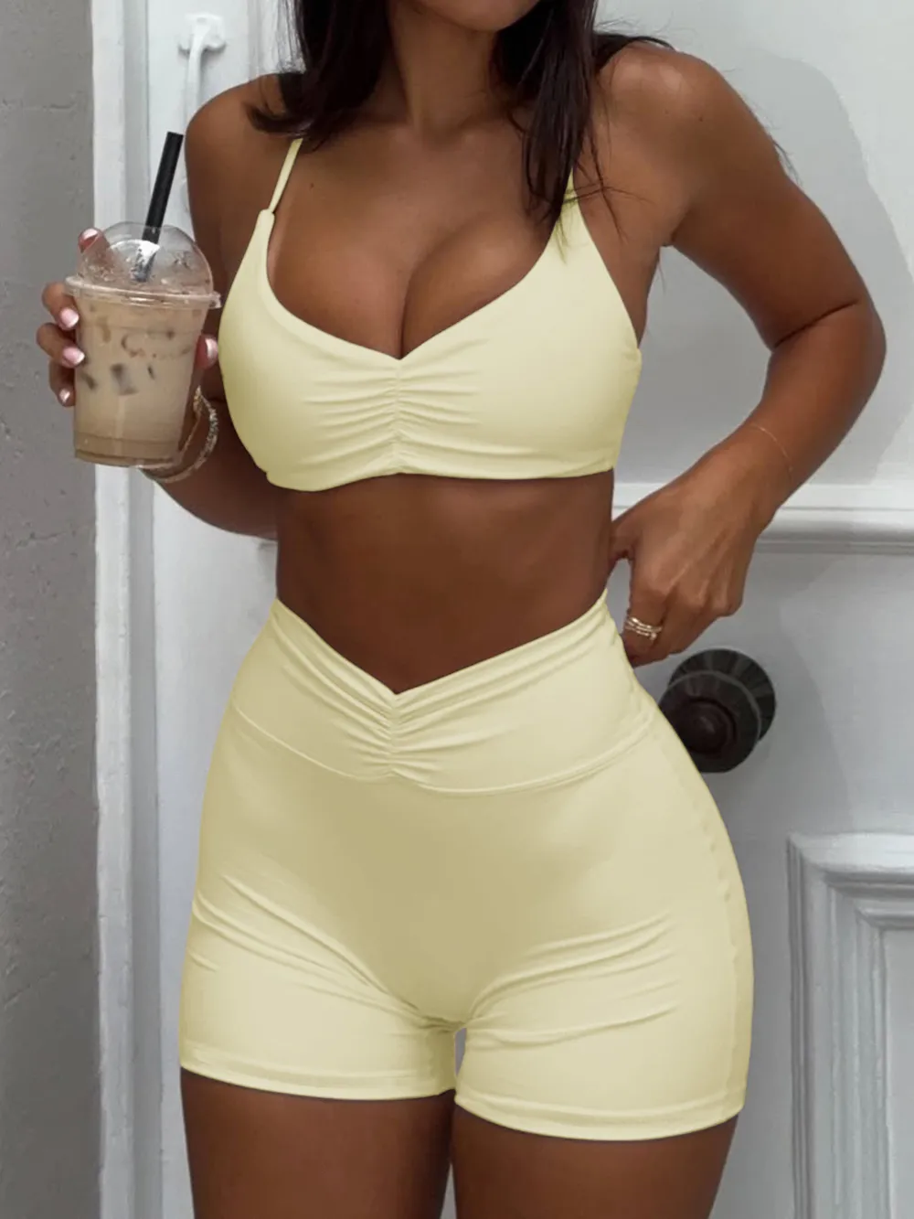 Ruched Sports Bra and High-Waisted Shorts Active Set, image 8