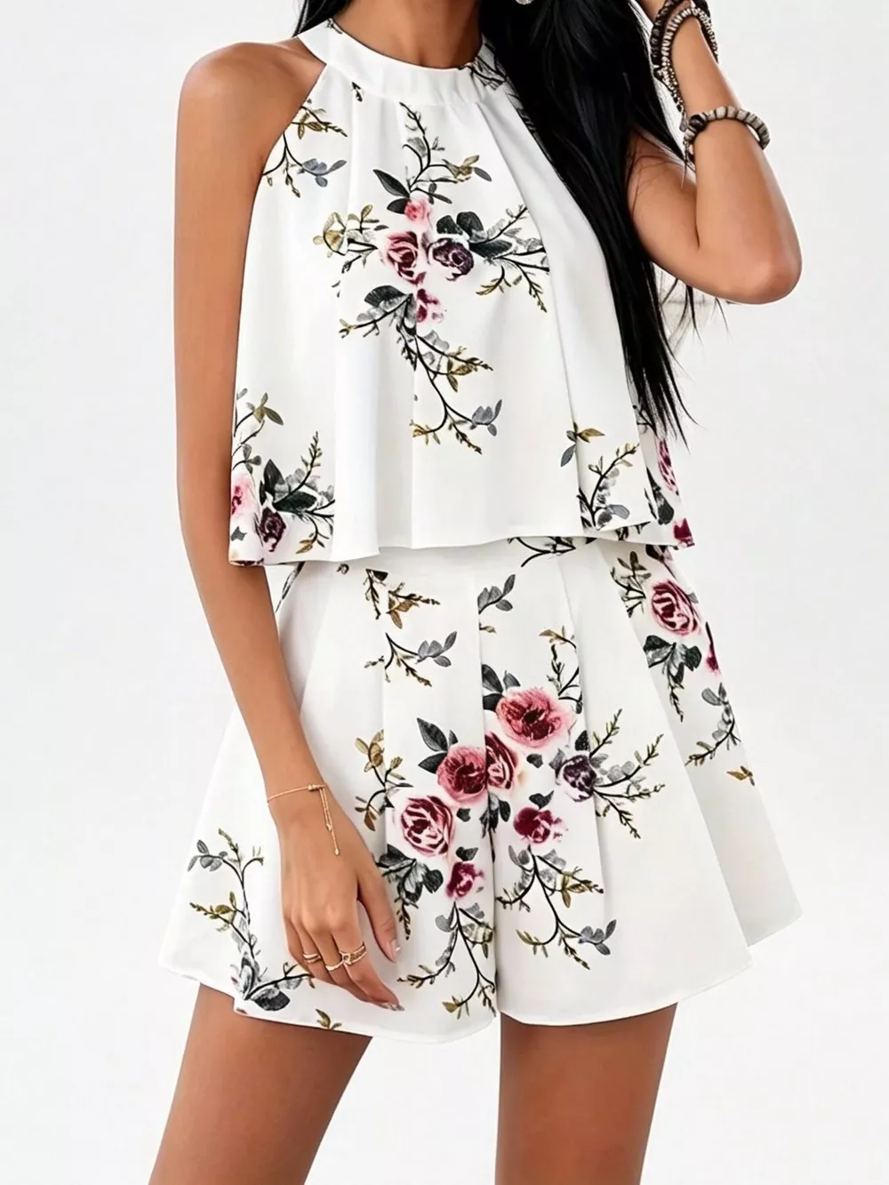 Full Size Floral Print Halter Neck Tank Top and Pleated Shorts Set Plus Size