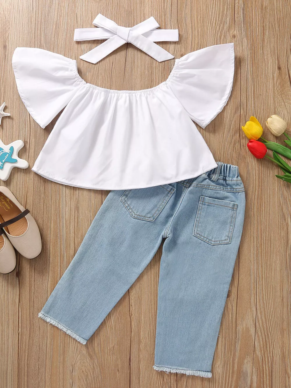 Children's Ruffle Top & Jeans Set with Headband, image 2