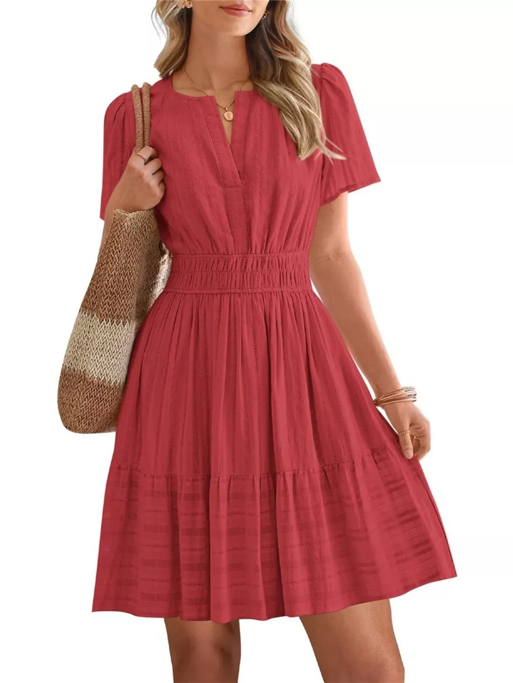 Short Sleeve Smocked Waist Tiered Dress, image 6