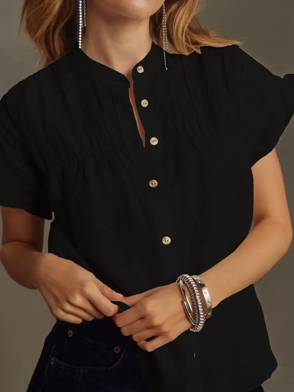 Ruffled Short Sleeve Button Up Shirt, image 6