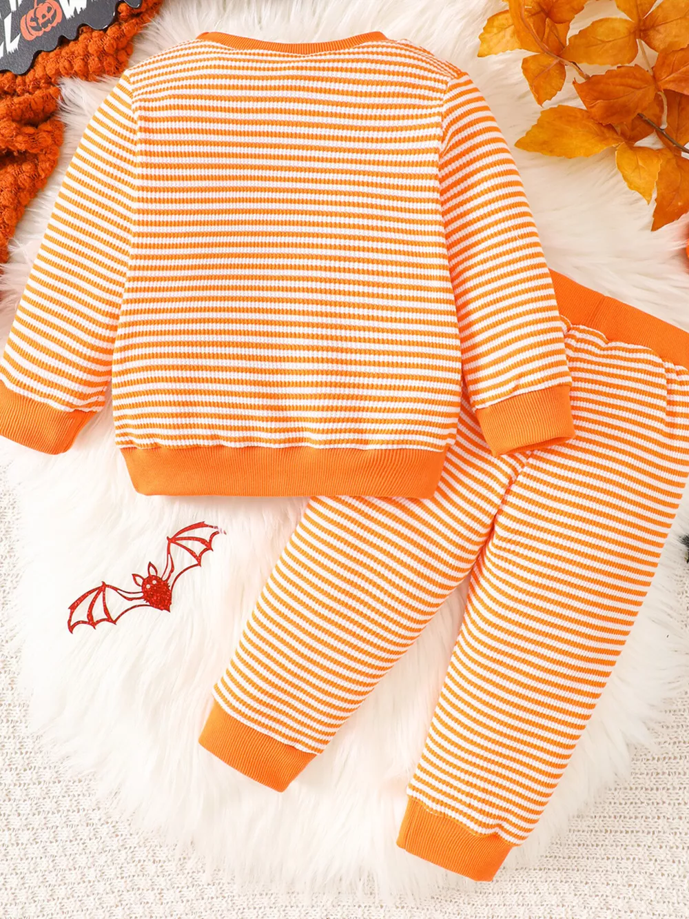 Children's Halloween Pumpkin Striped Long Sleeve Pajama Set, image 7