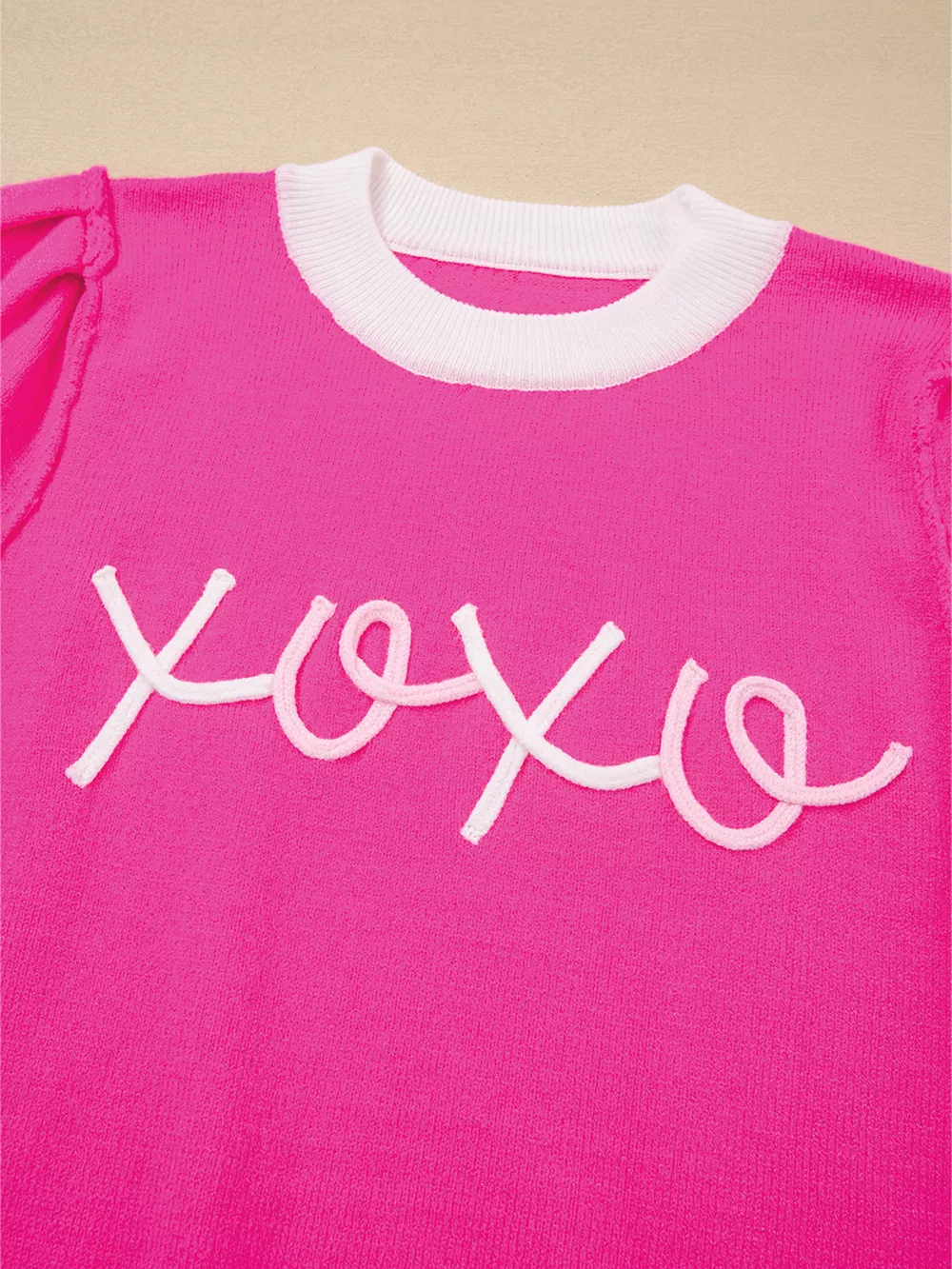 XOXO Valentines Contrast Trim Crew Neck Short Sleeve Sweater, image 6