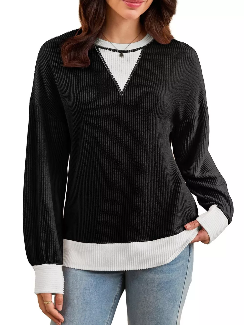 Two-Tone Ribbed Knit Sweatshirt, image 11