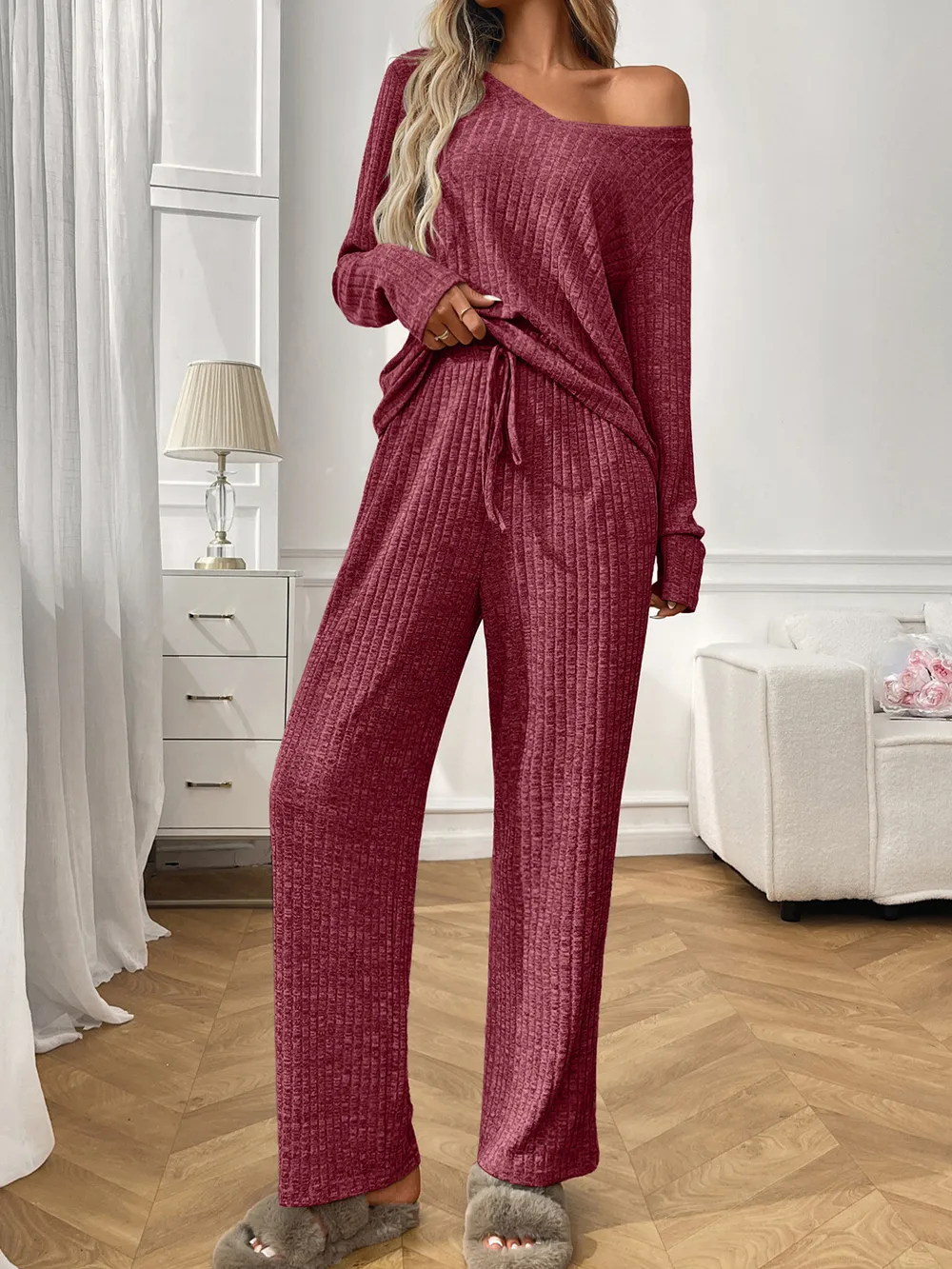 Ribbed Long Sleeve Top and Pants Lounge Set, image 19