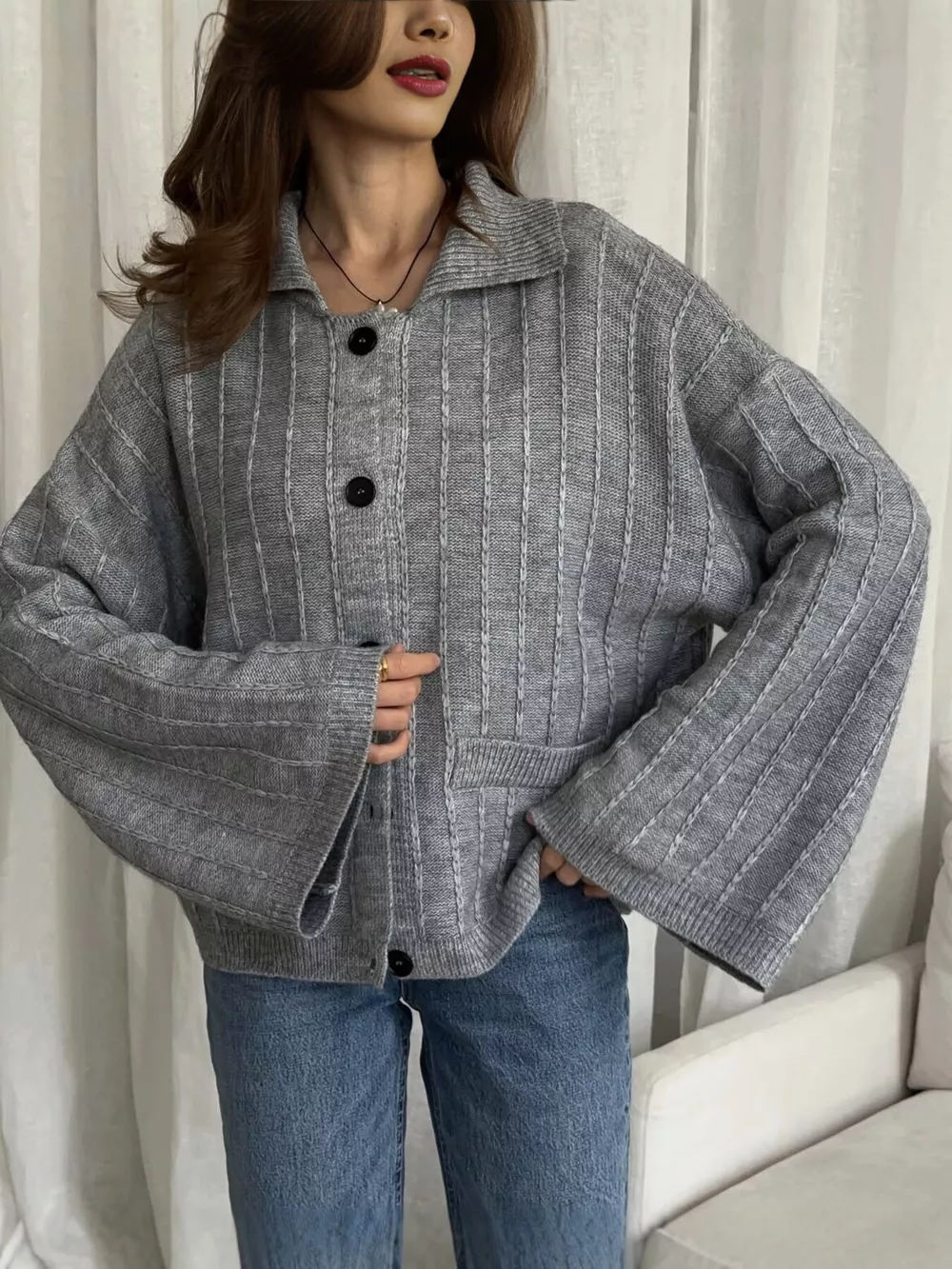 Texture Knit Cardigan with Wide Sleeves and Collar