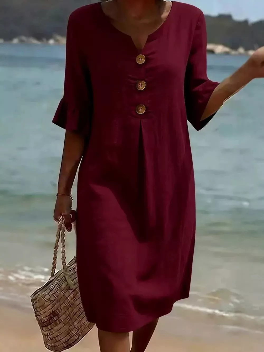 Full Size Casual Decor Button Dress with Ruffle Sleeves Plus Size, image 7