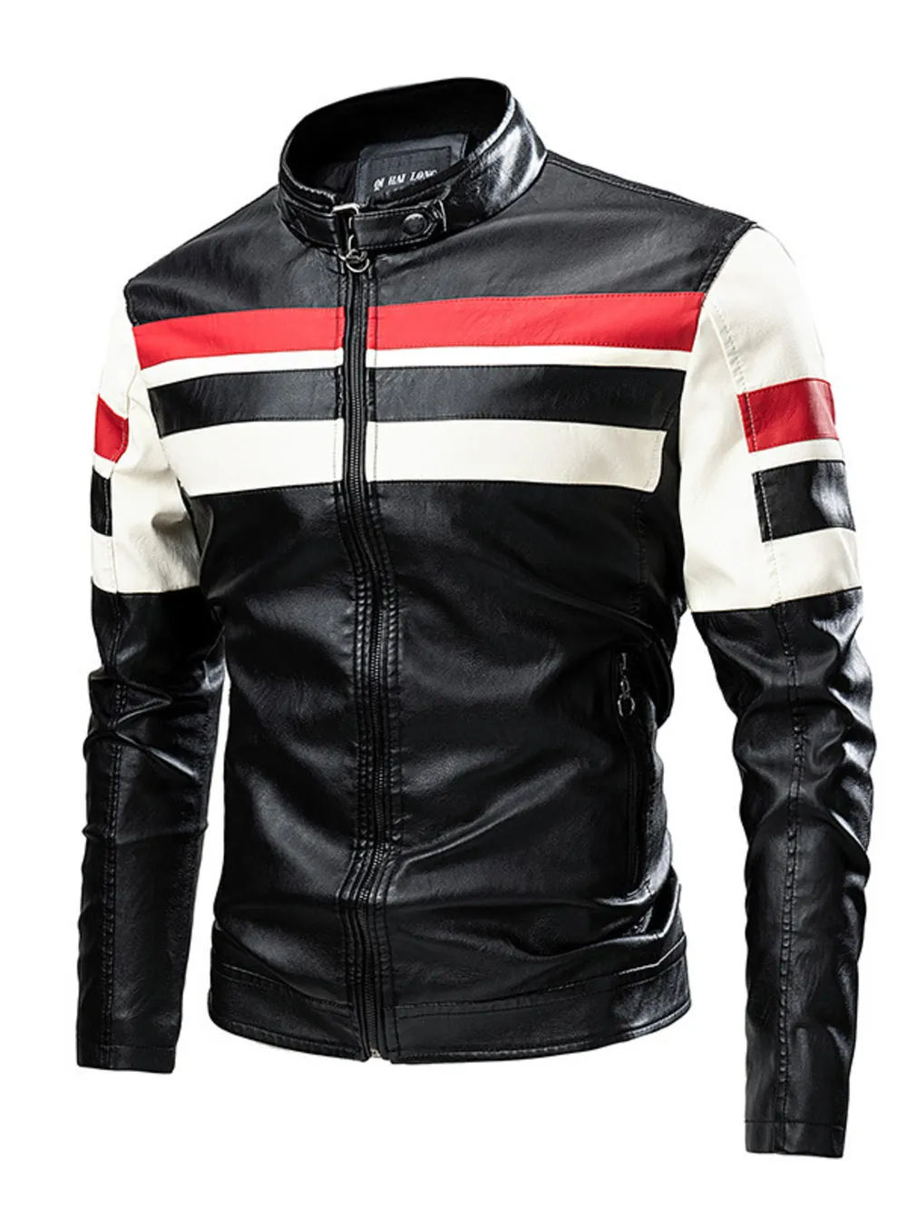 Men's Plus Size Striped Leather Moto Jacket