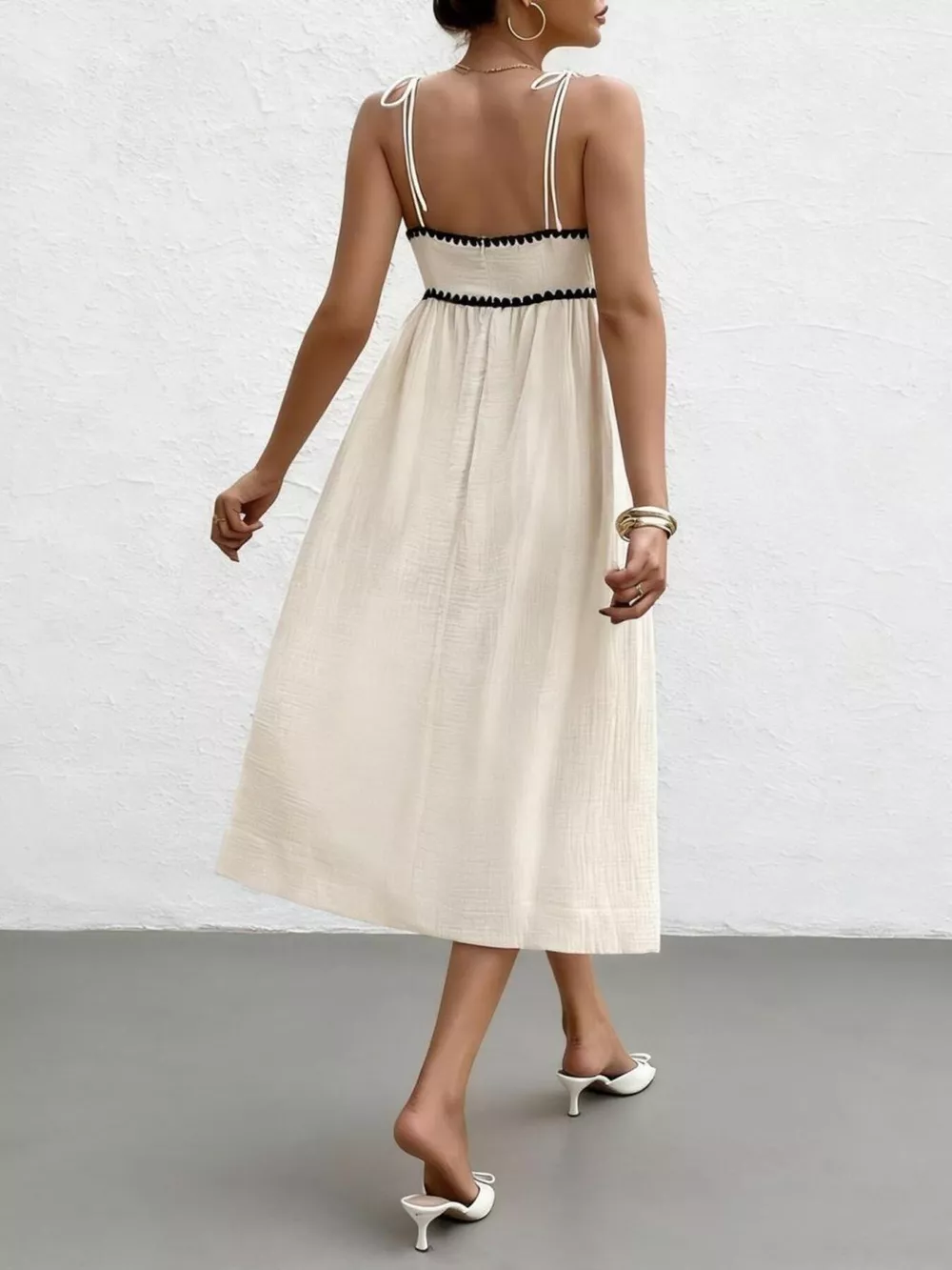 Contrast Trim Tie Shoulder Midi Dress, image 3