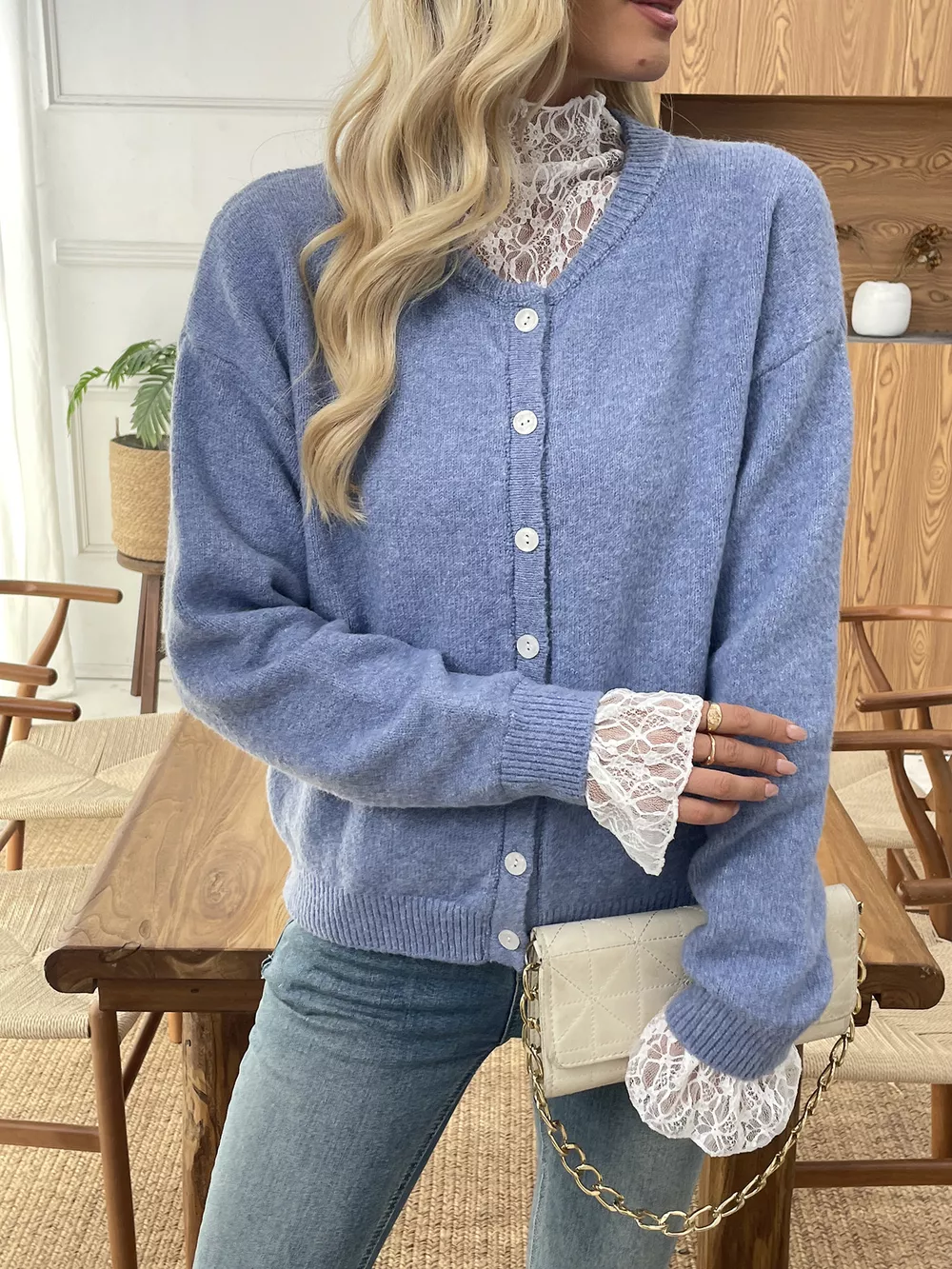 Button-Down Cardigan with Delicate Lace Trim, image 5
