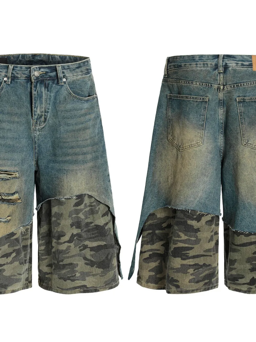 Men's Distressed Camo Patchwork Denim Shorts, image 4