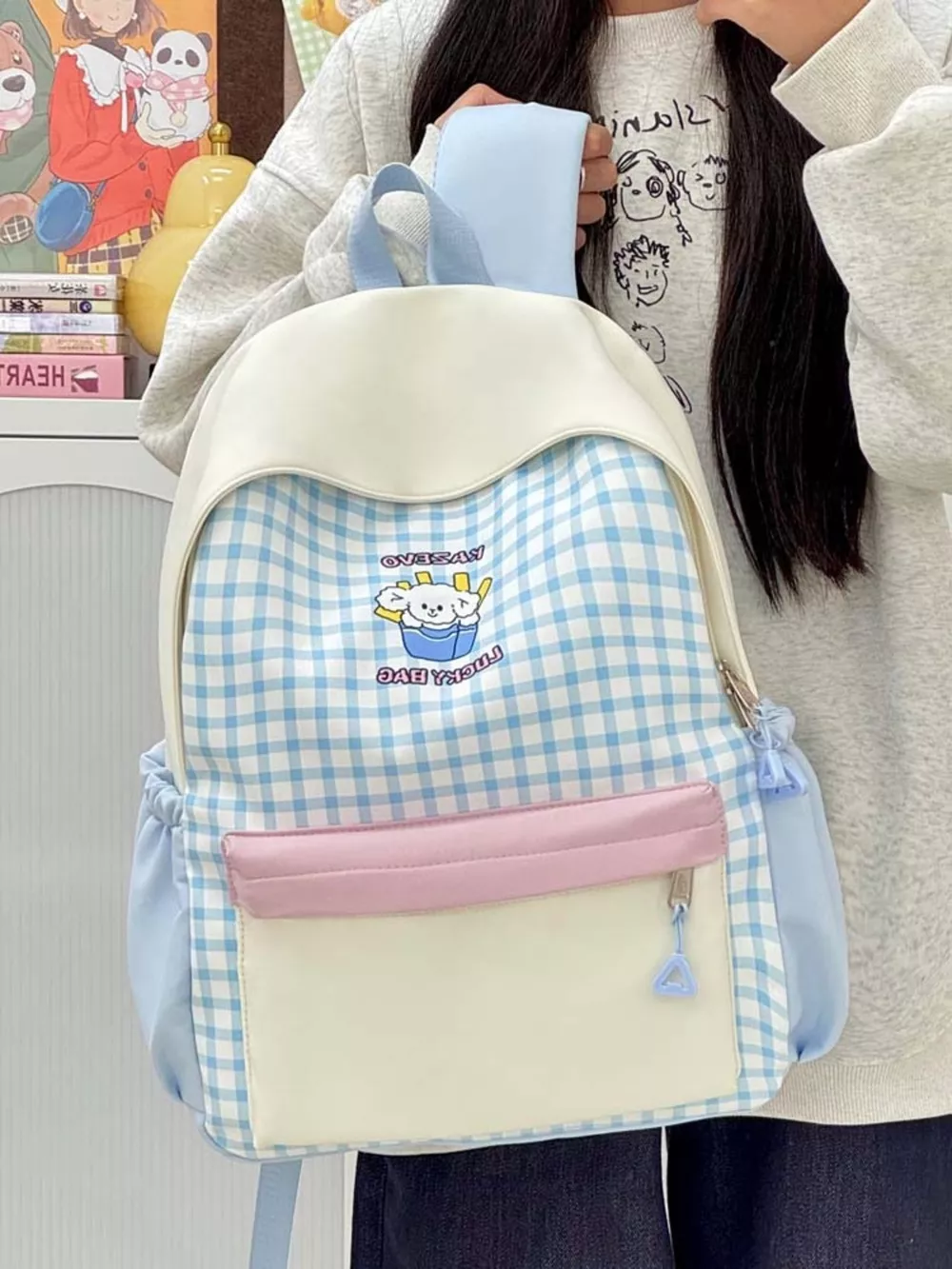 Cartoon Gingham Backpack Bag, image 3