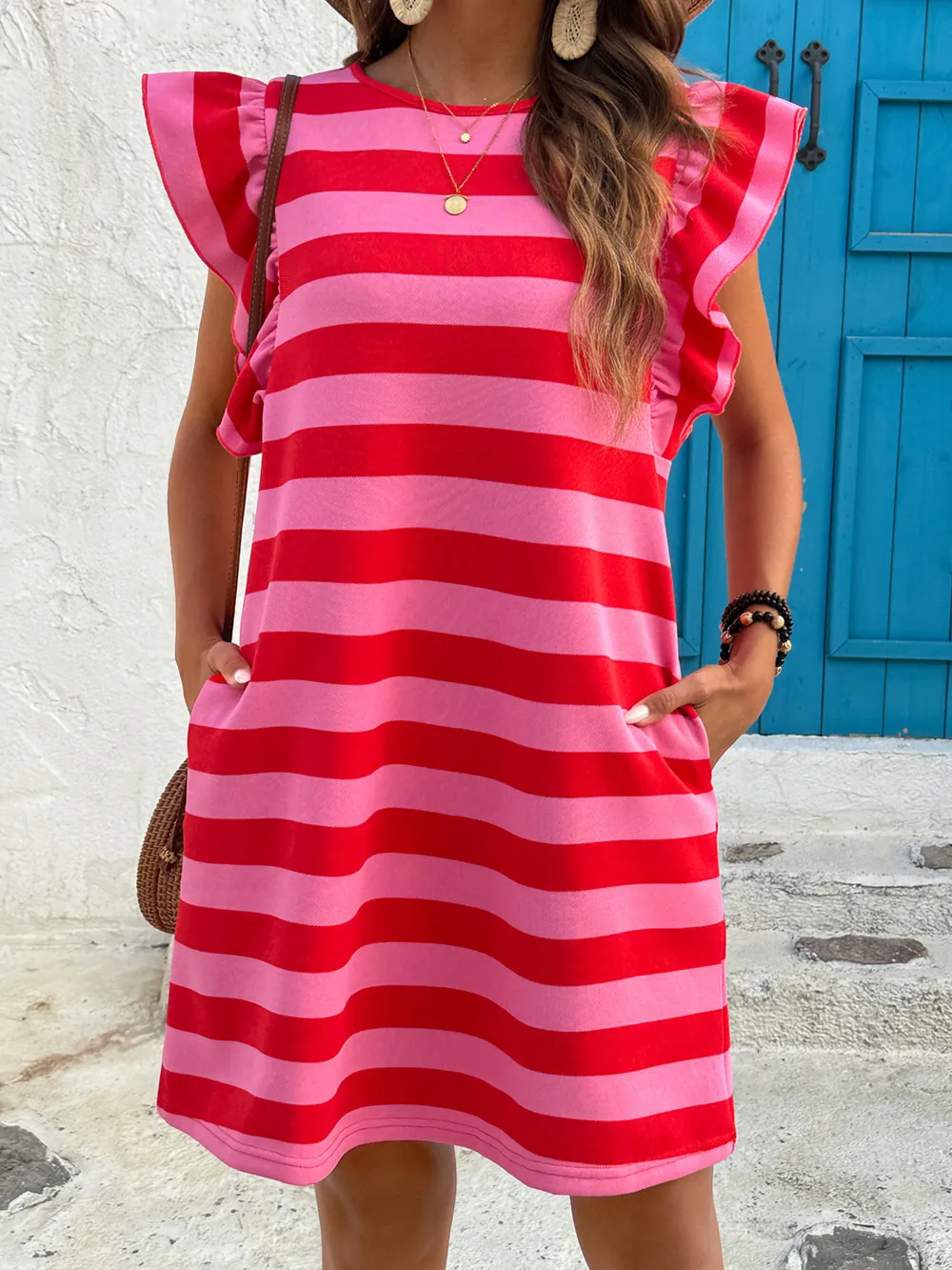 Striped Ruffle Sleeve Casual Summer Dress, image 9