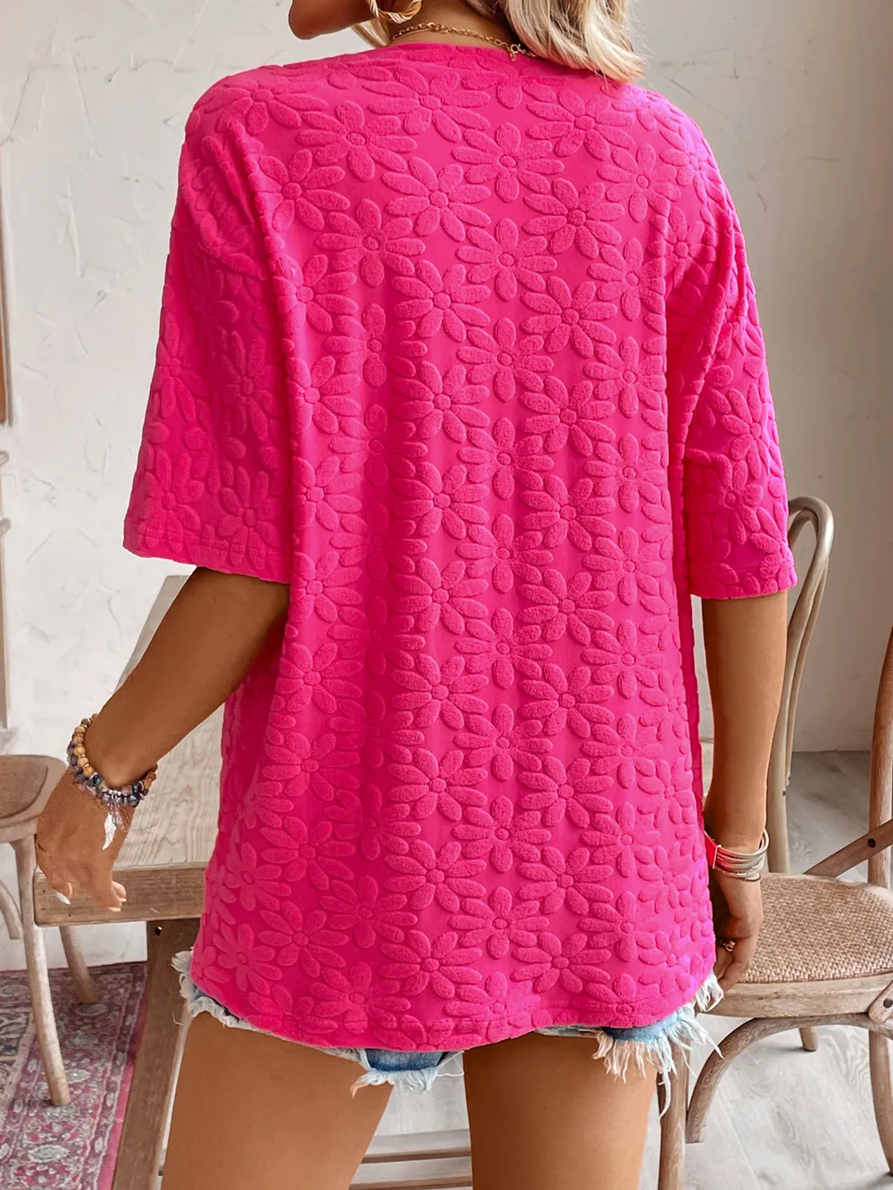 Textured Round Neck Oversized T-Shirt, image 2