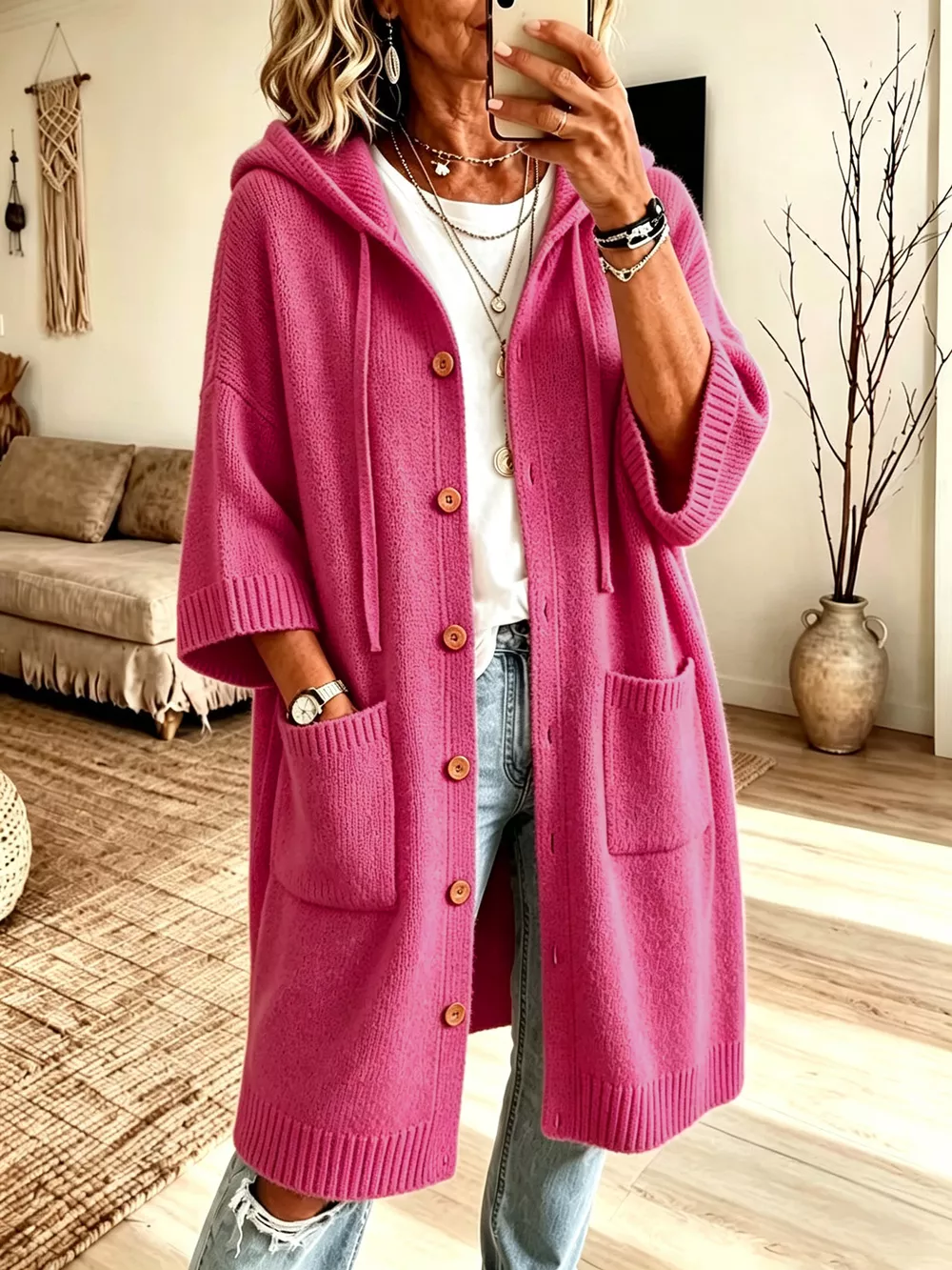 Hooded Button-Down Knit Cardigan with Pockets, image 10