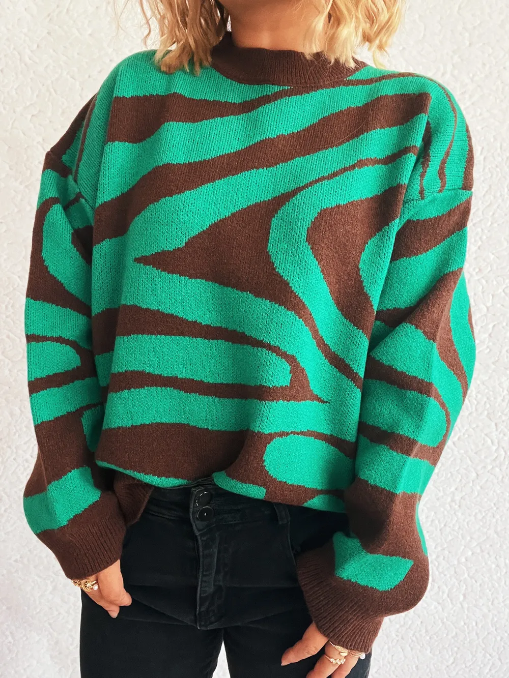 Zebra Print Round Neck Sweater, image 9
