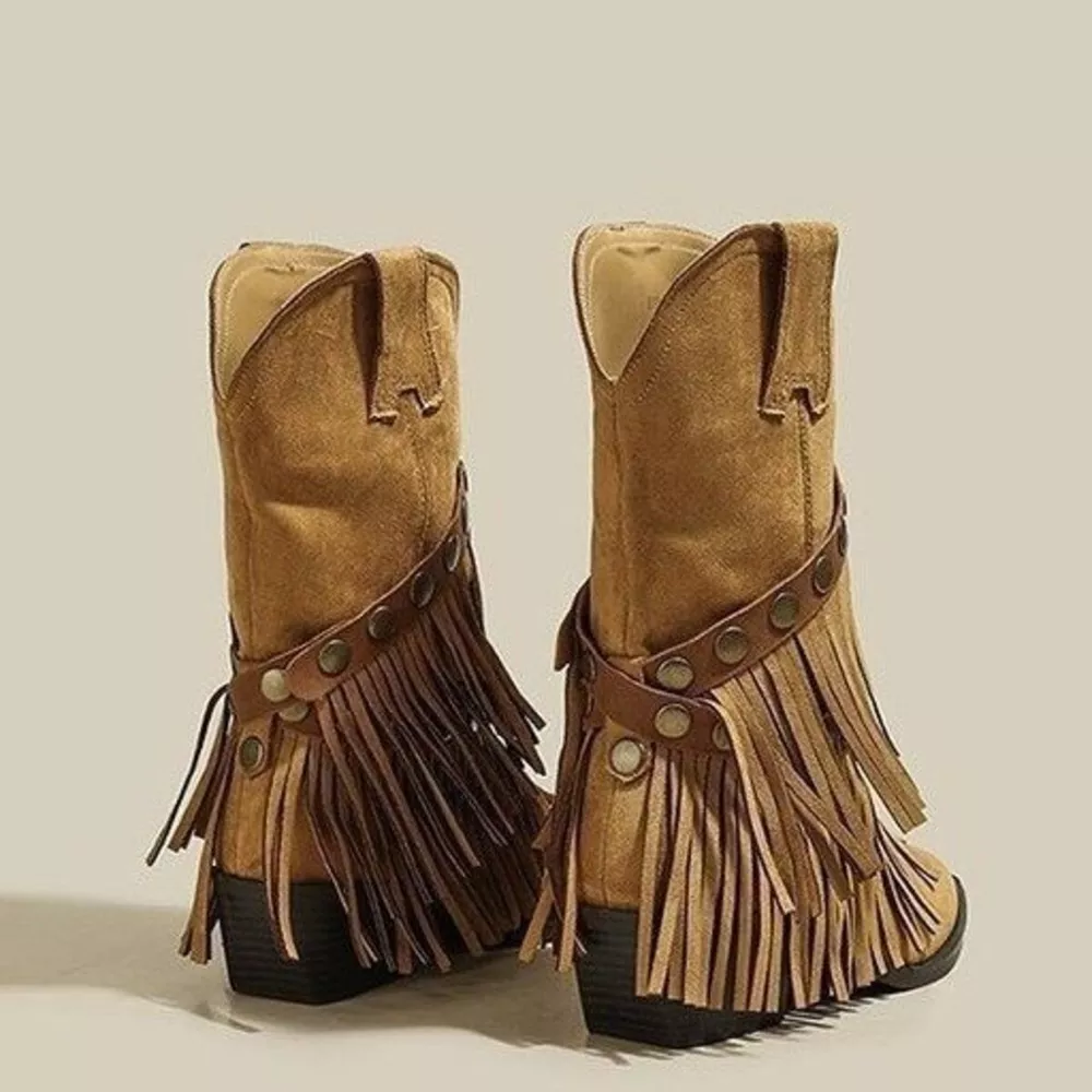 Vintage Suede Western Fringe Boots with Studded Straps, image 7