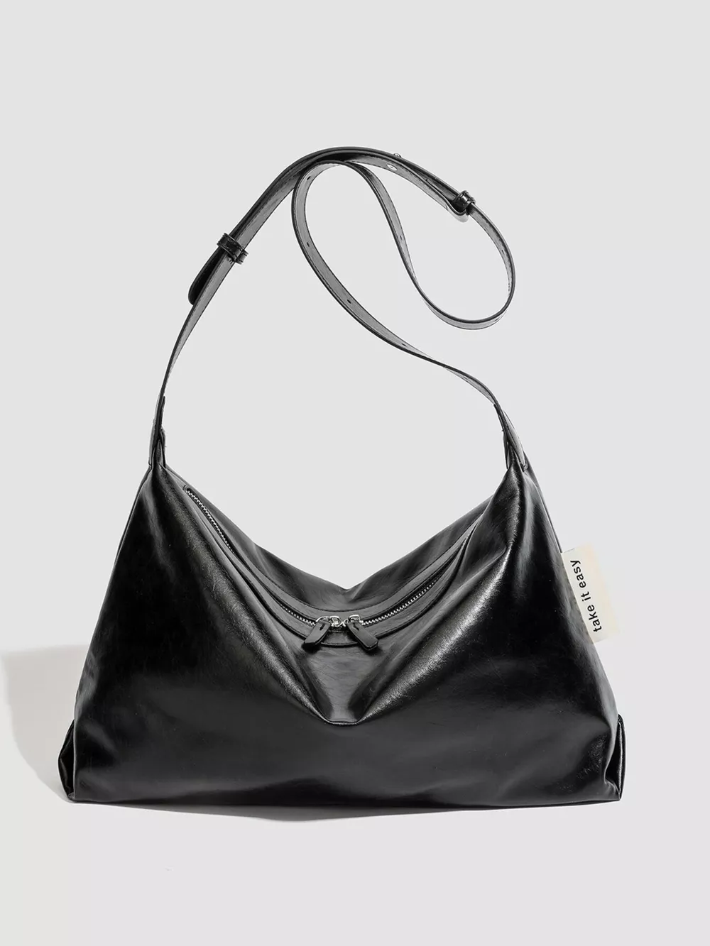 Minimalist Glossy Leather Slouchy Shoulder Bag, image 6
