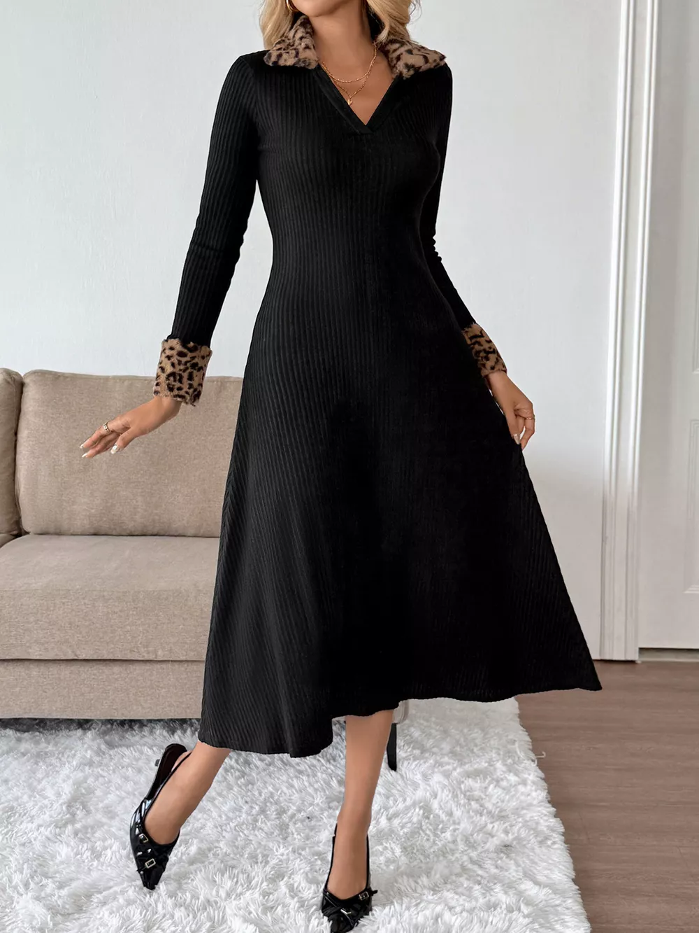 Leopard Cuff Johnny Collar Midi Dress, image 10