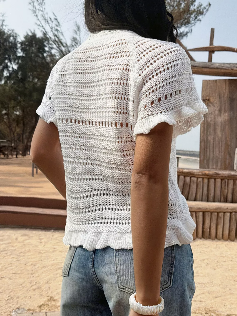 Openwork Ruffled Hem Knit Top, image 6