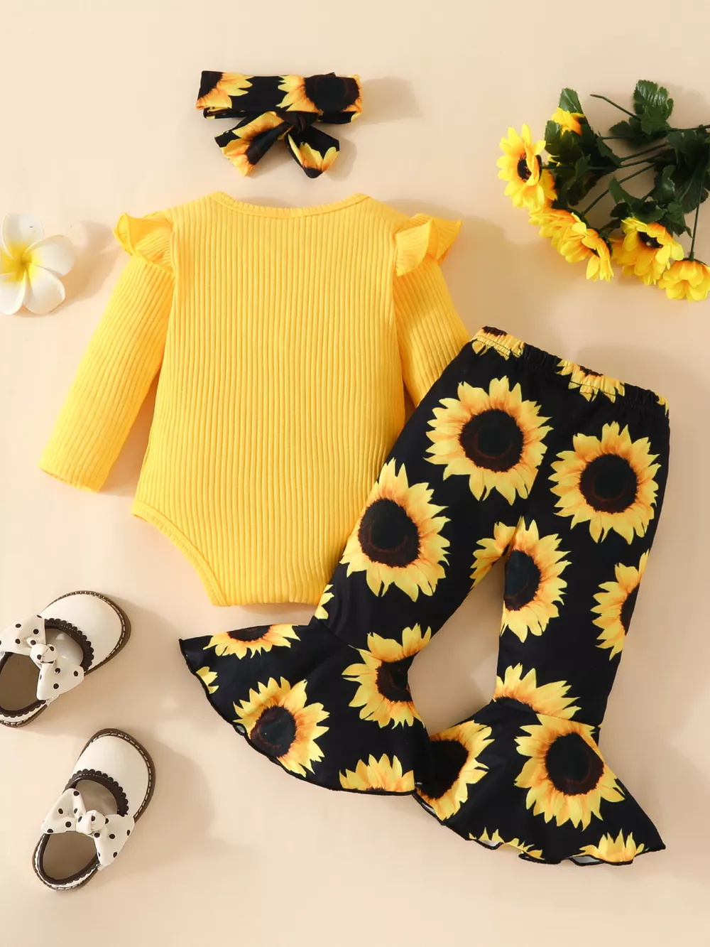 Children's Ruffled Ribbed Top and Sunflower Pants Set, image 3
